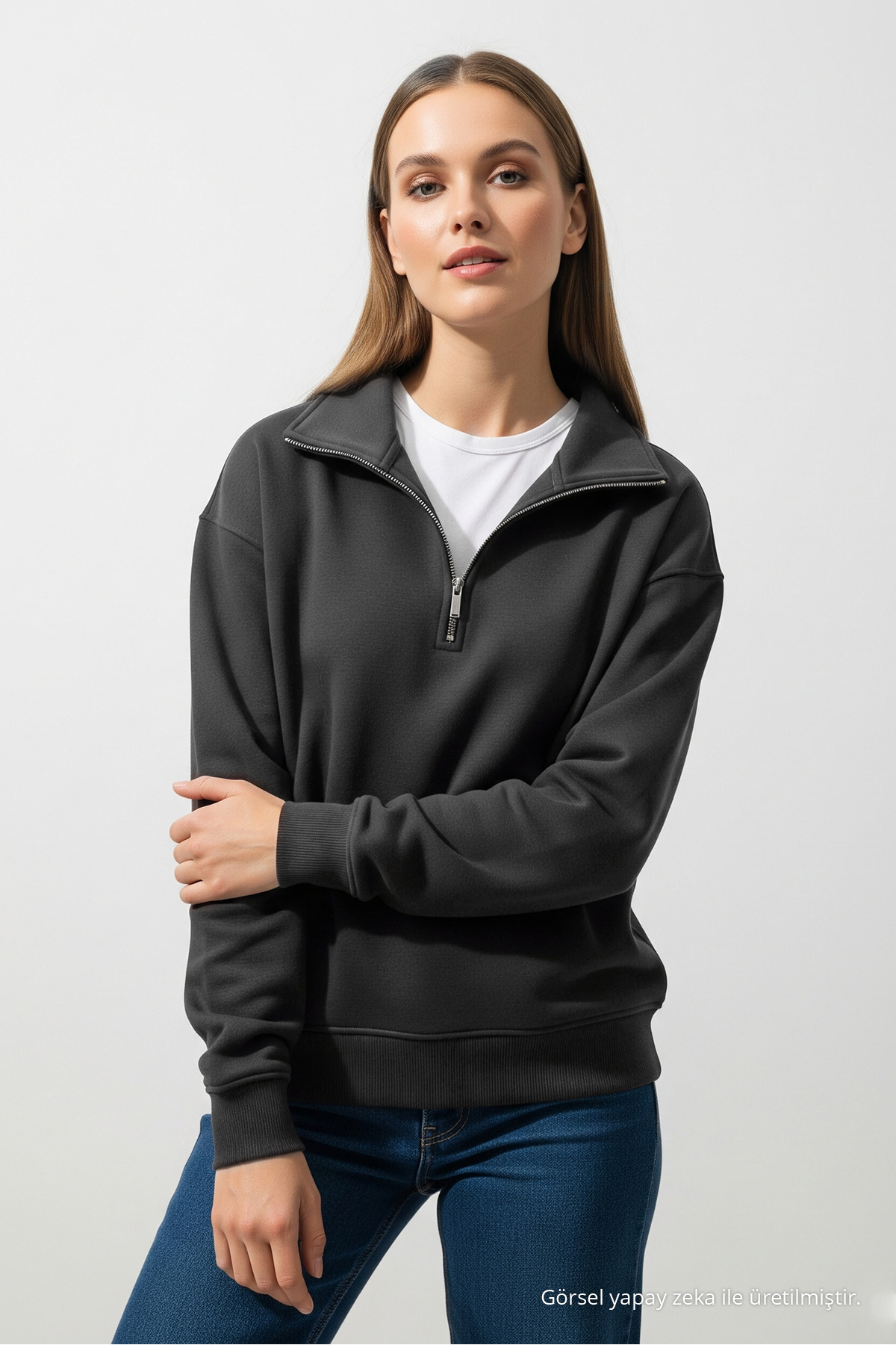 Erkek Basic Füme Yarım Fermuarlı Sweatshirt 5