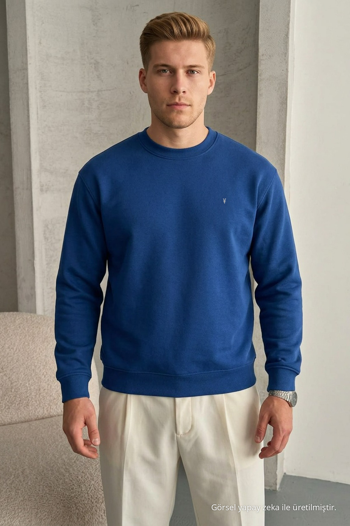Erkek Loose Dokulu Flare İNDİGO Sweatshirt 4