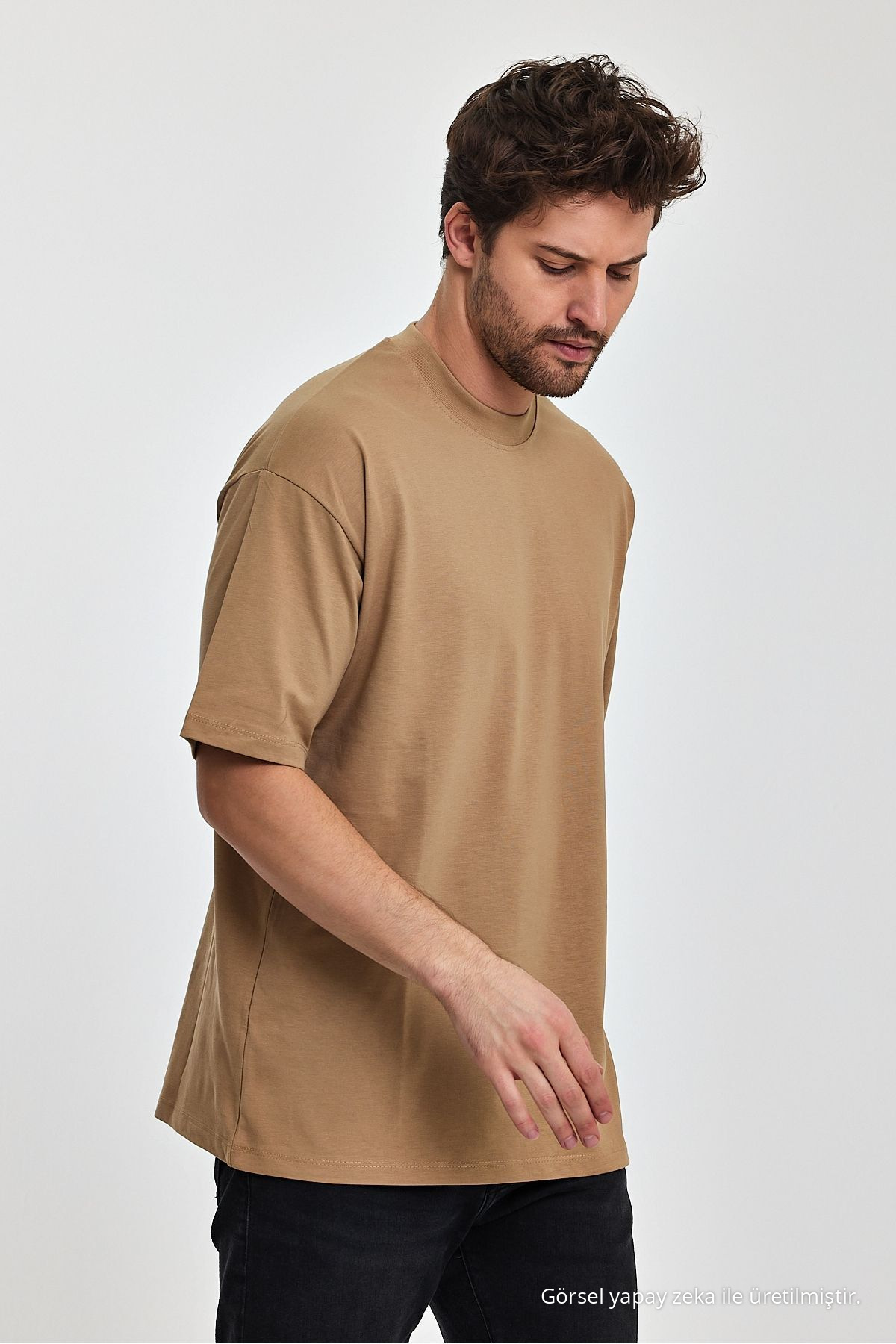 Erkek Oversize Fit Kalın Kumaş Dokulu Bisiklet Yaka T-shirt KARAMEL 7