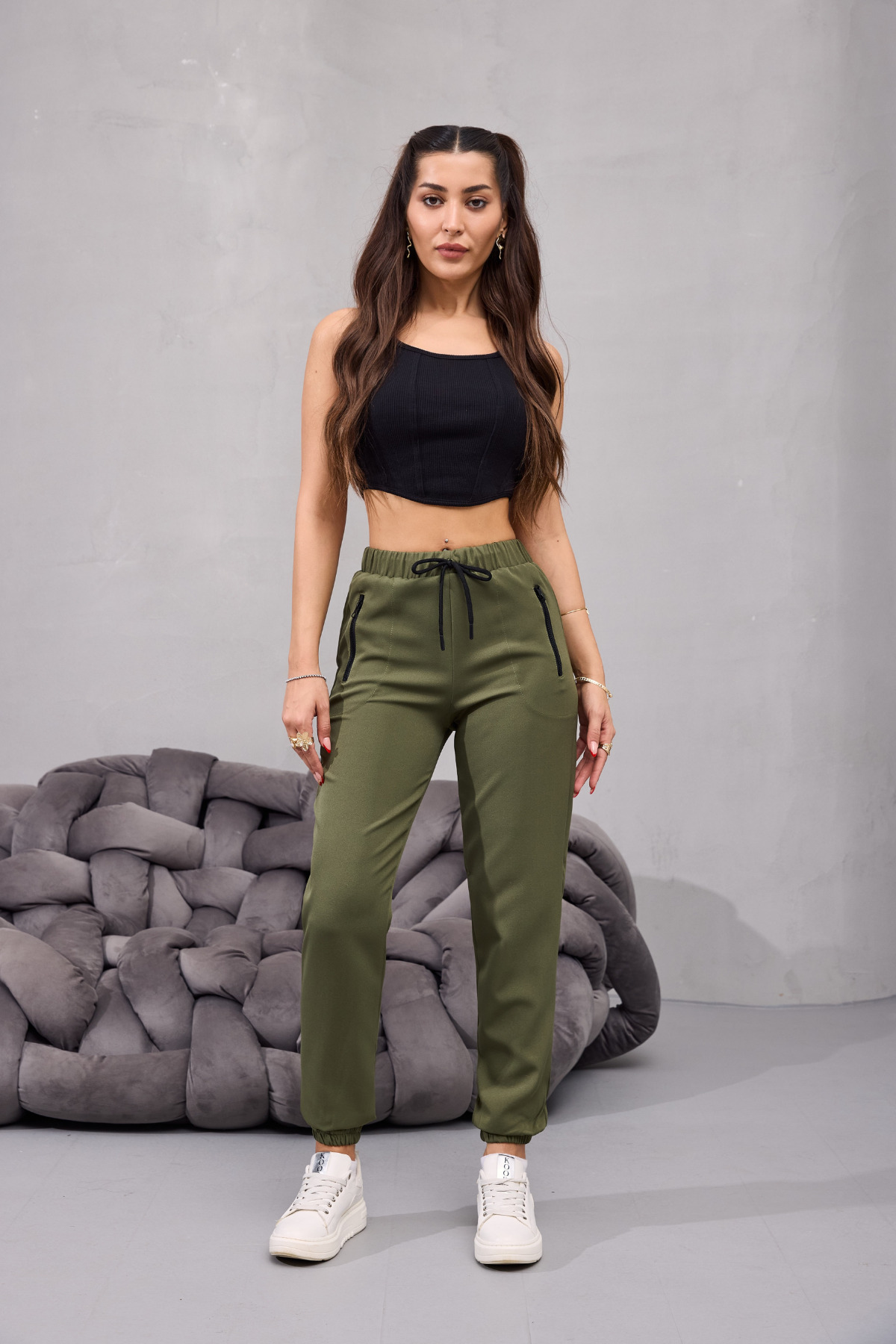 Kadın Yüksek Bel Likralı Rahat Kumaş Jogger Beli Lastikli Pantolon HAKİ 5