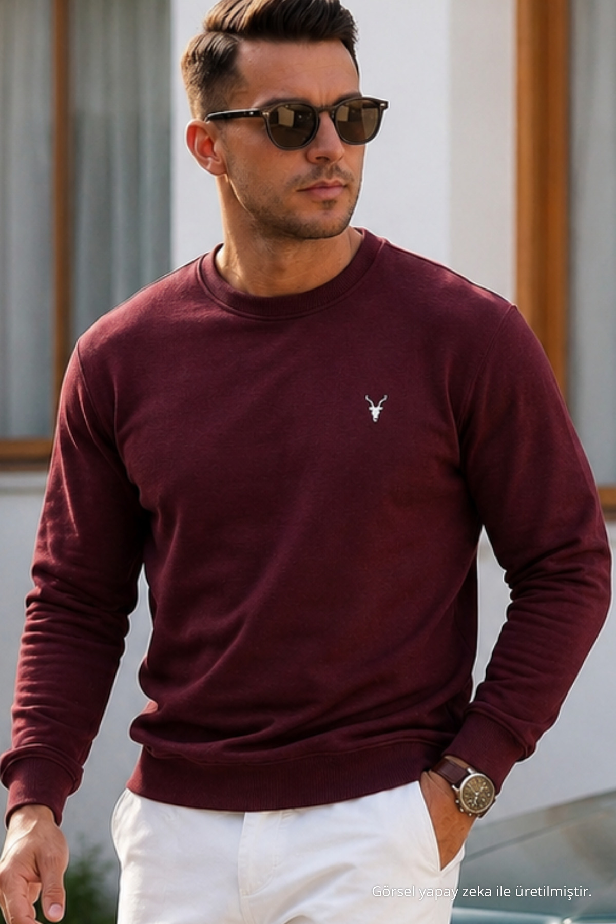 Bordo Düz Kol Düzenli Erkek Sweatshirt 6