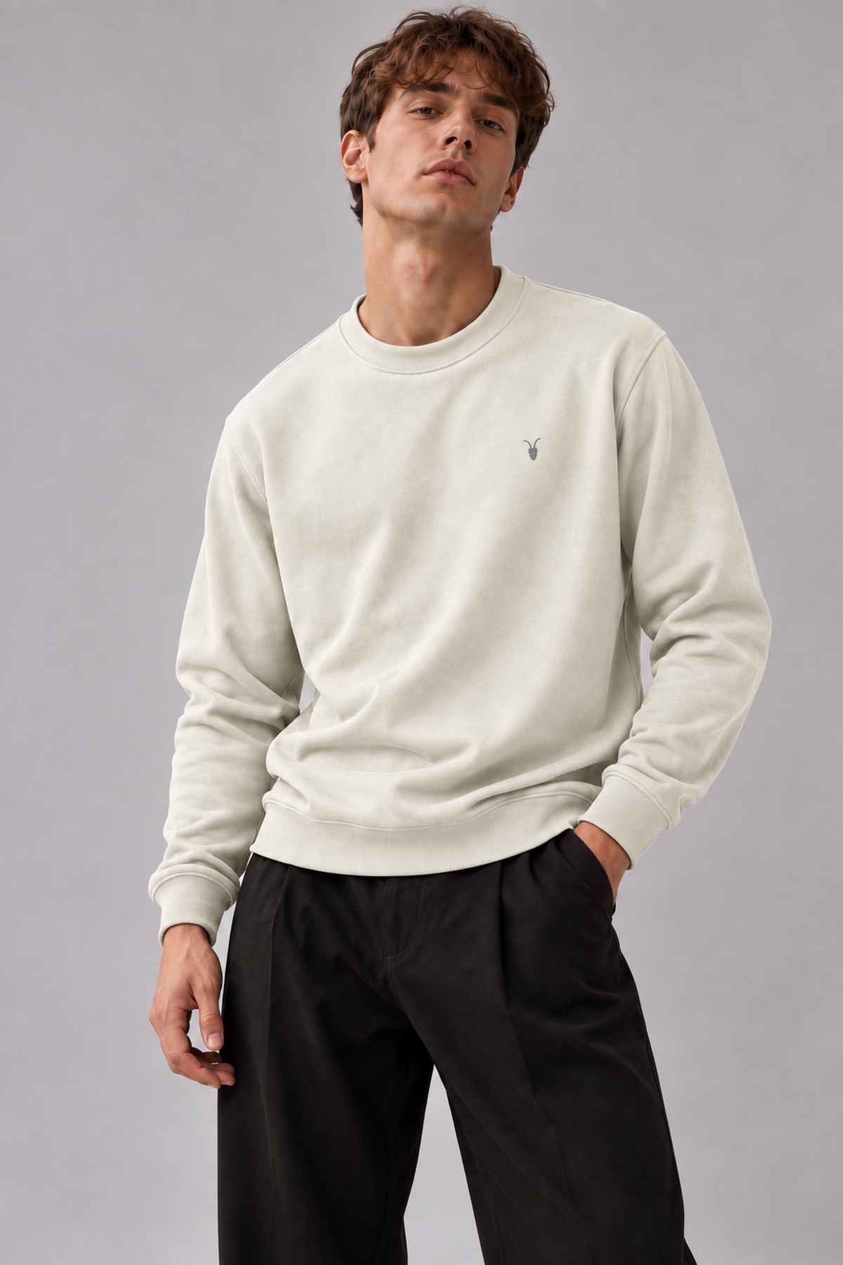 Ekru Renk Basic Bisiklet Yaka Erkek Sweatshirt 4