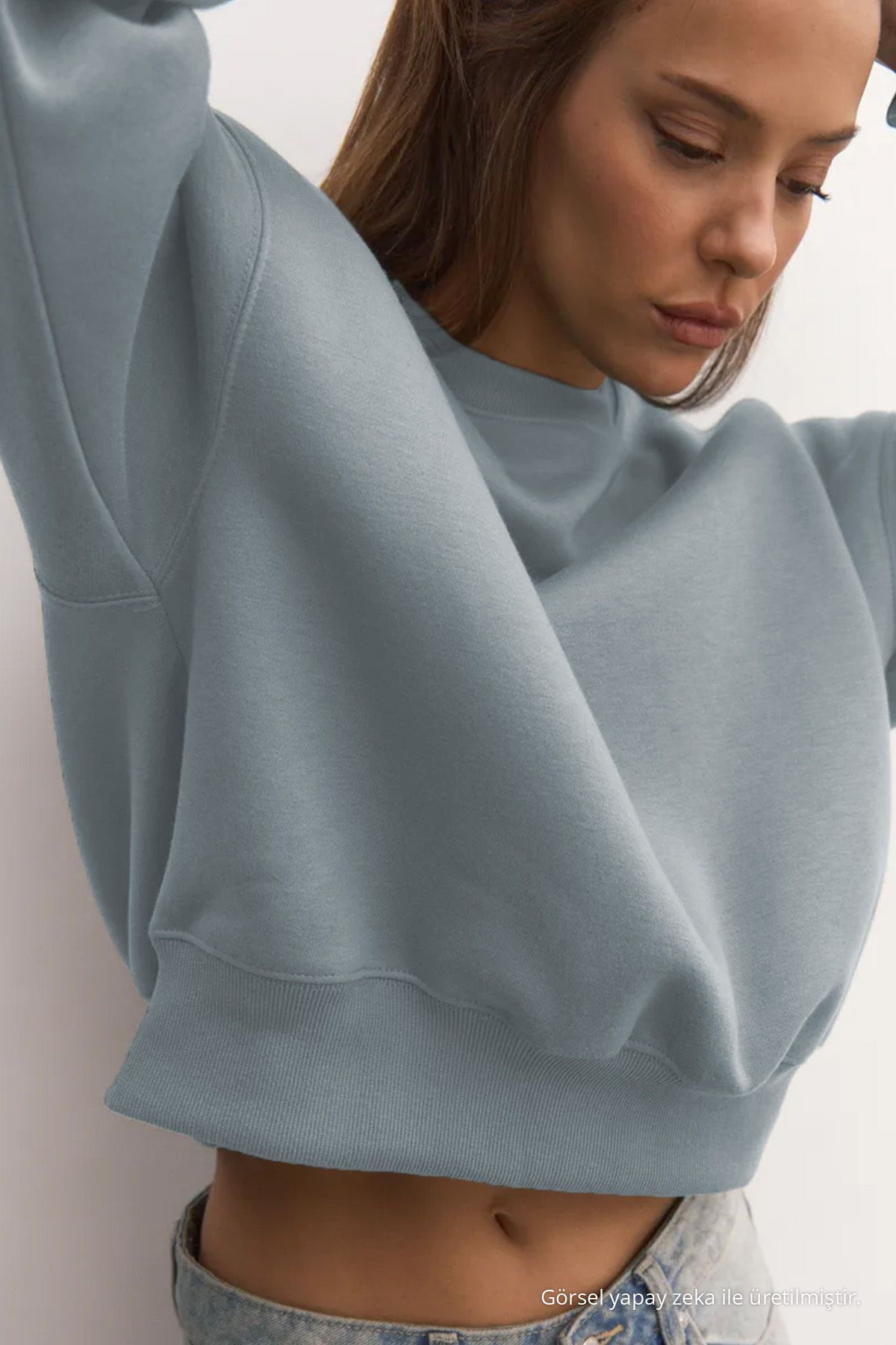 Kadın Basic Oversize Kışlık Mavi Sweatshirt 6