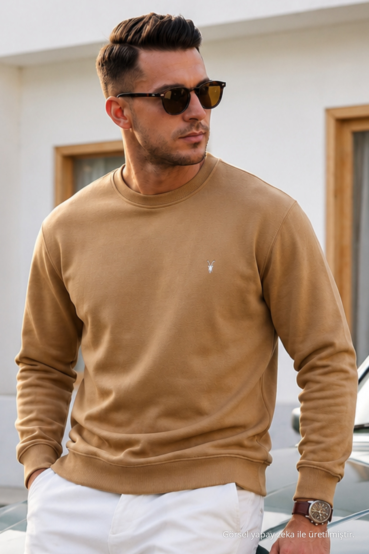 Karamel Düz Kol Düzenli Erkek Sweatshirt 6