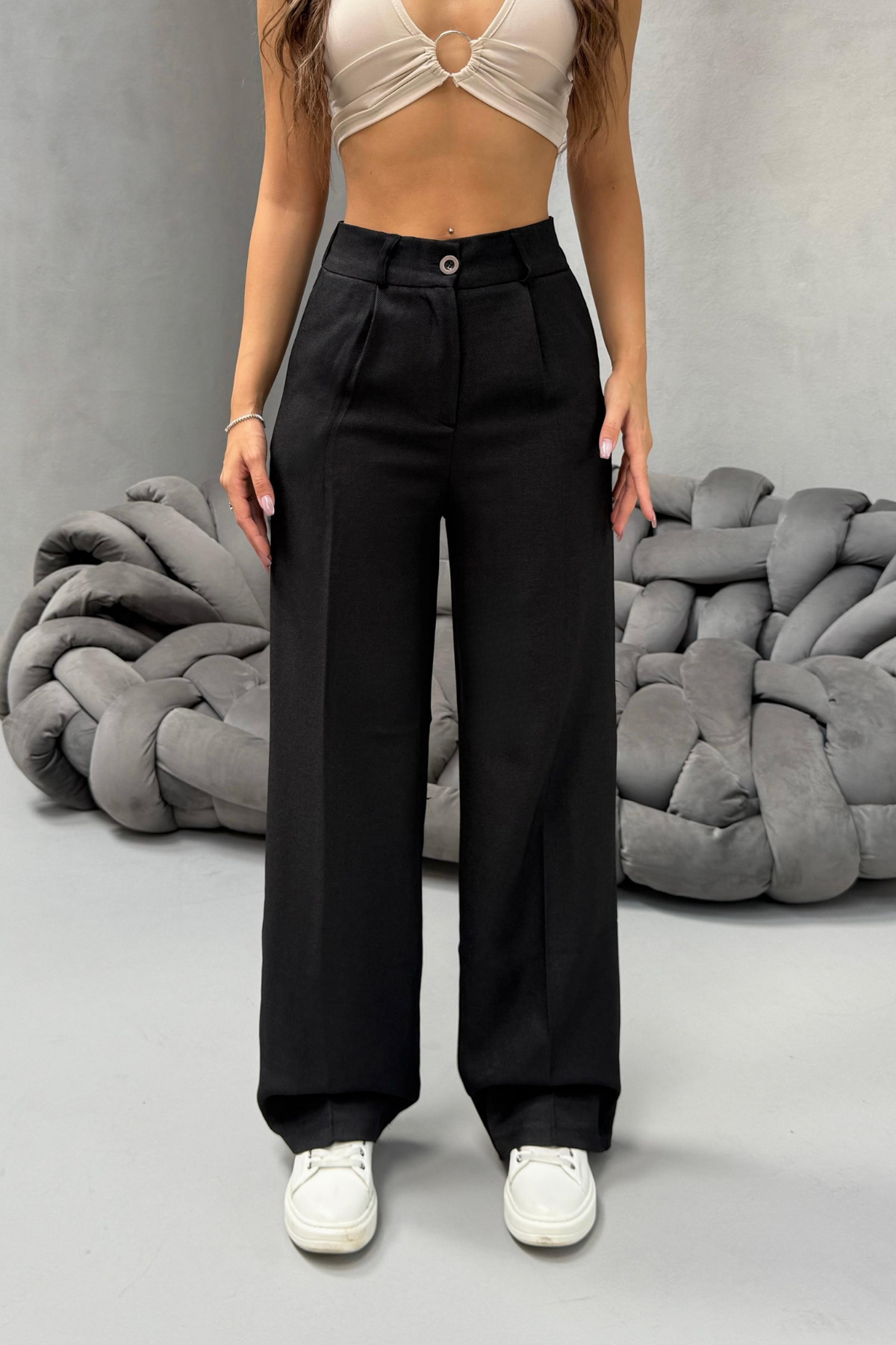 Kadın Yüksek Bel Wide Leg Beli Lastikli Bol Paça Rahat Kalıp Palazzo Pantolon Çok Renkli 3