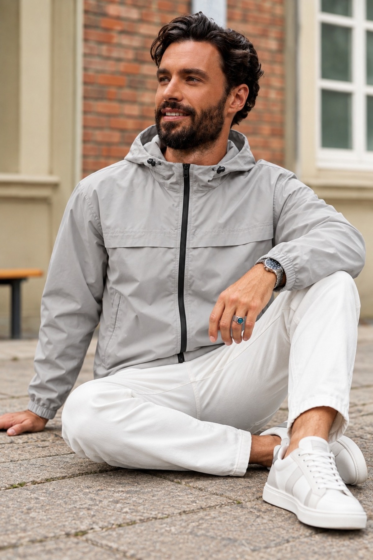 Erkek Kapüşonlu Fermuarlı Casual Mevsimlik Ceket Taş 3