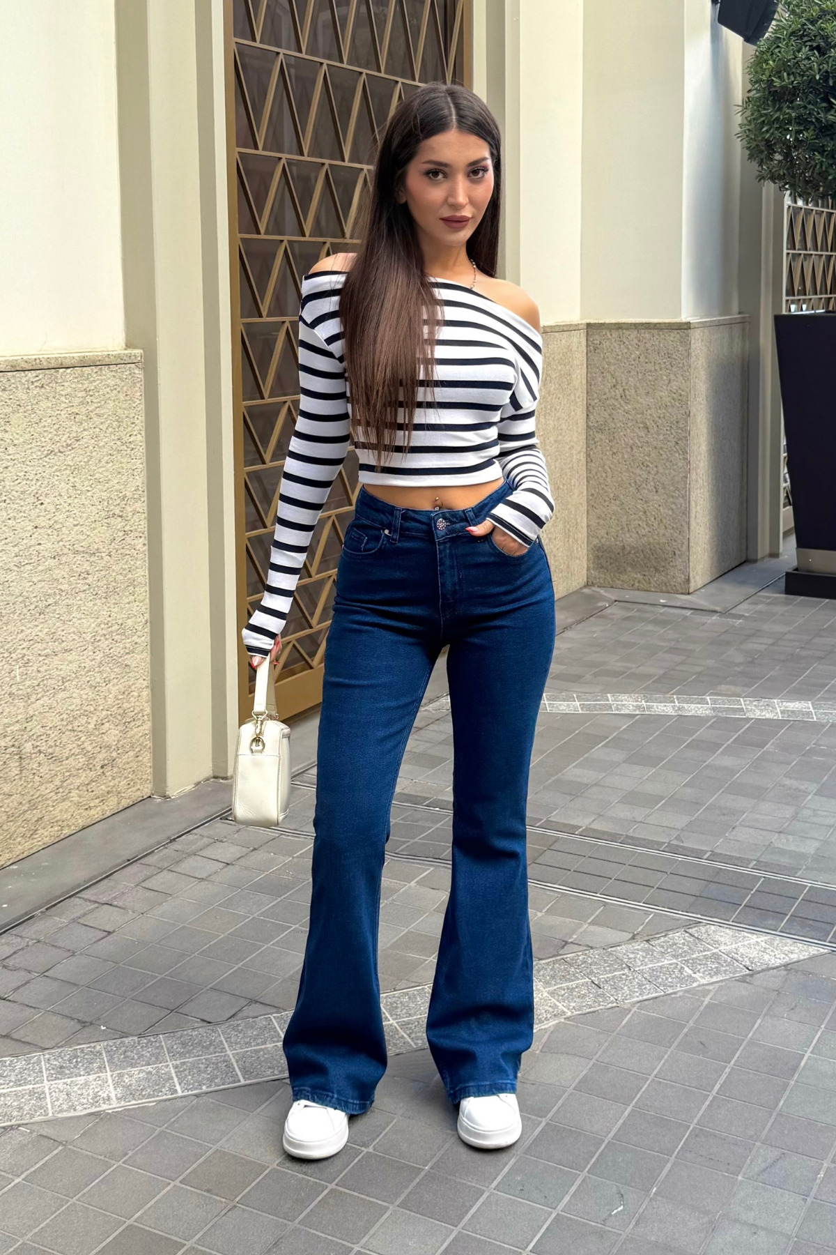 Kadın Yüksek Bel Likralı/Esnek İspanyol Paça Pantolon Lacivert 4