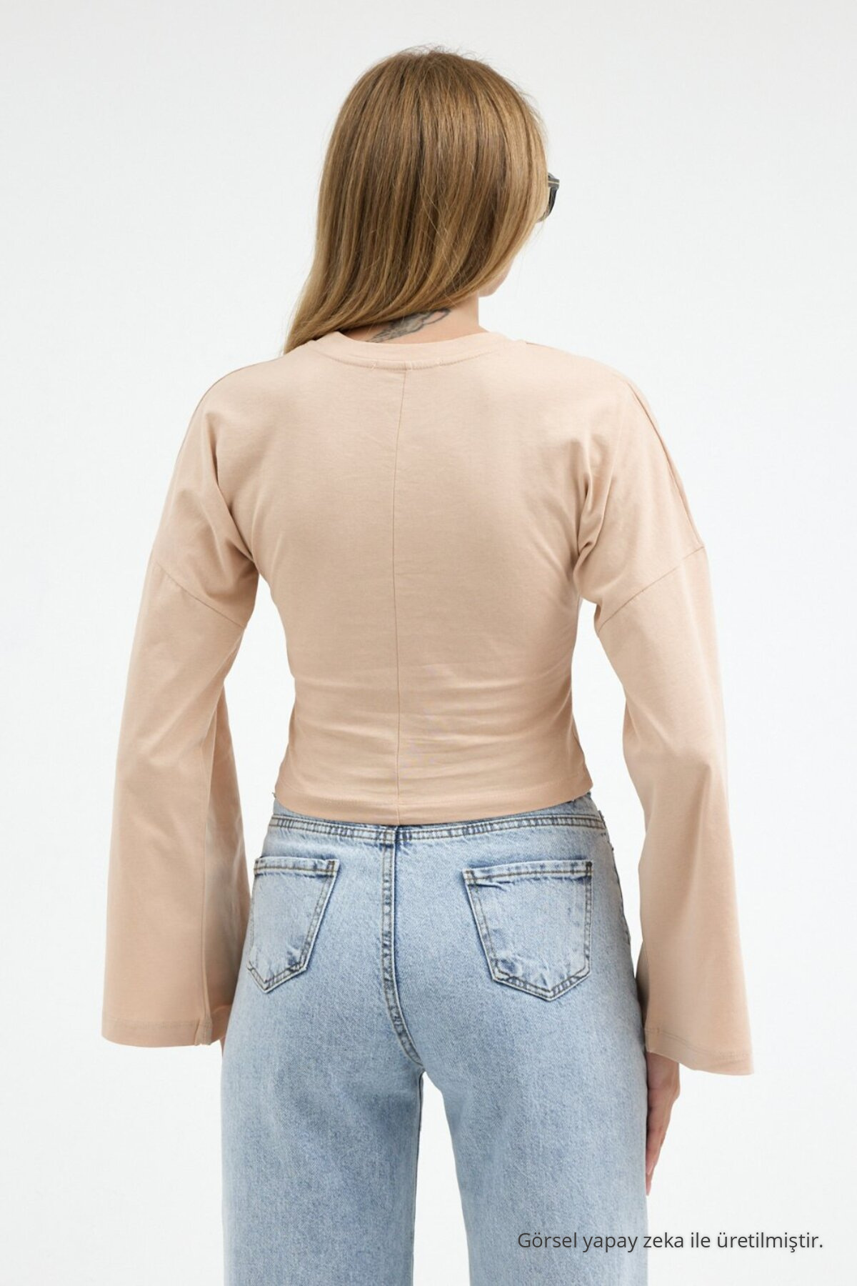 Kadın Bele Oturan Casual 3 Lü Crop Bluz Gri 3