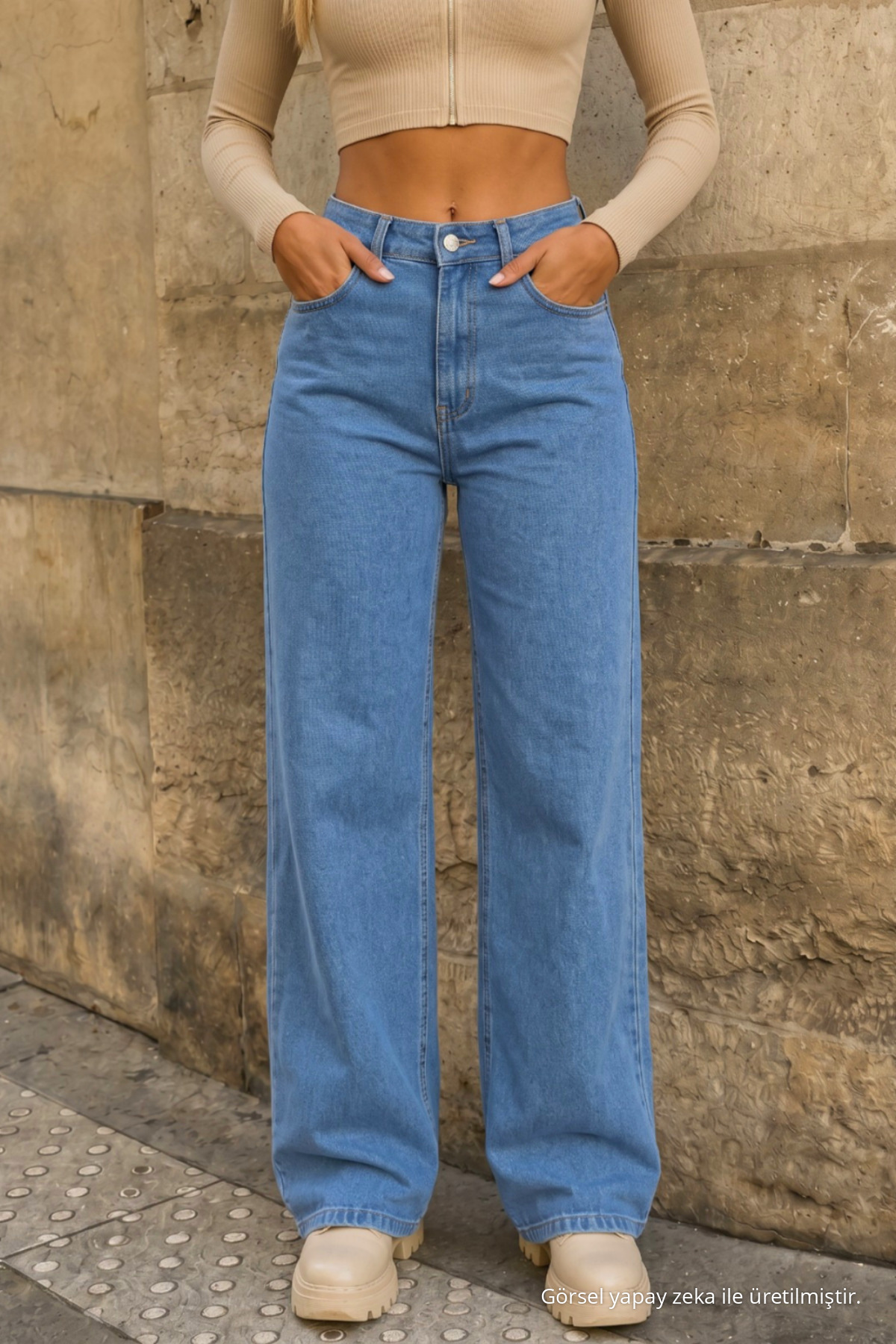 Mavi Yüksek Bel Wide Leg Bol Paça Palazzo Kot Pantolon 9