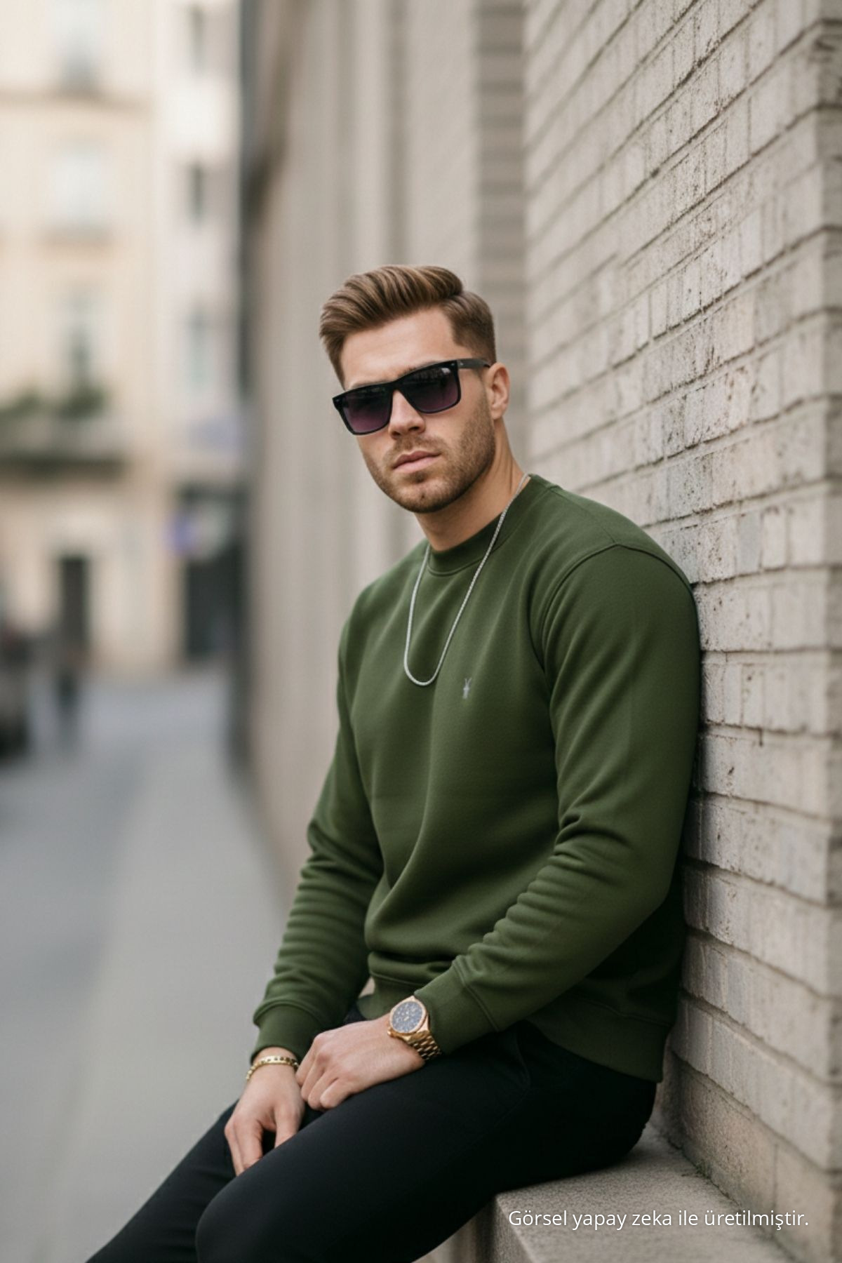 HAKİ Renk Basic Bisiklet Yaka Relaxed Regular Erkek Sweatshirt 6