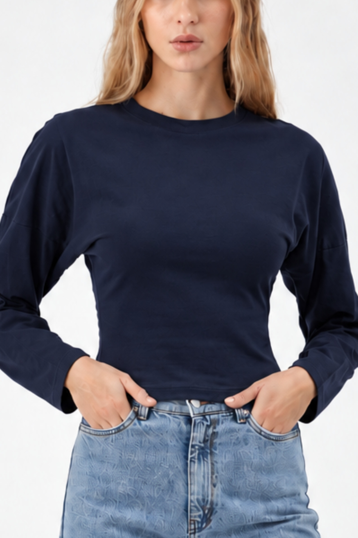 Lacivert Bisiklet Yaka Uzun Kollu Crop Bluz 5