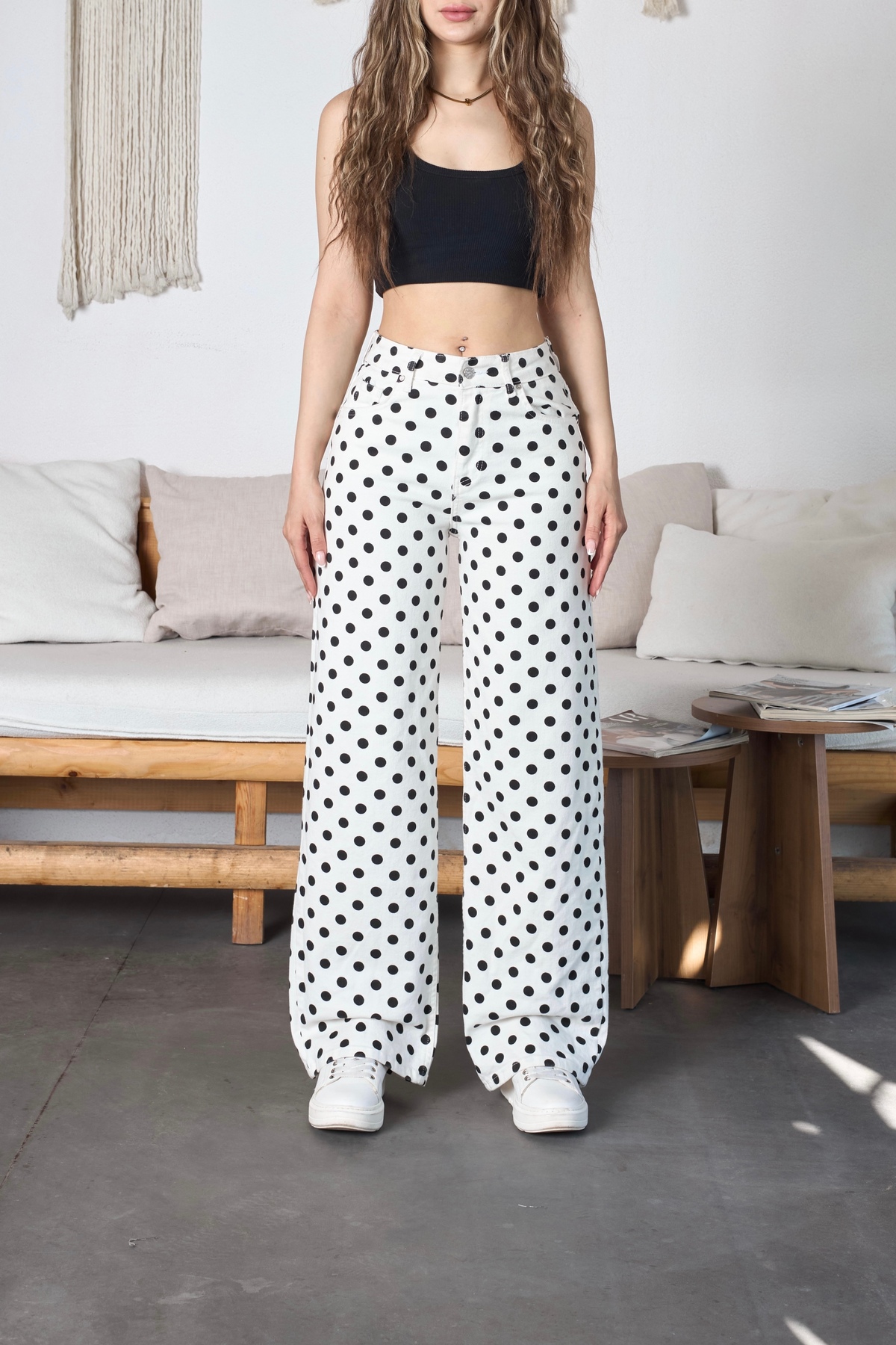 Puantiye Desenli Wide Leg Denim Pantolon Beyaz 4
