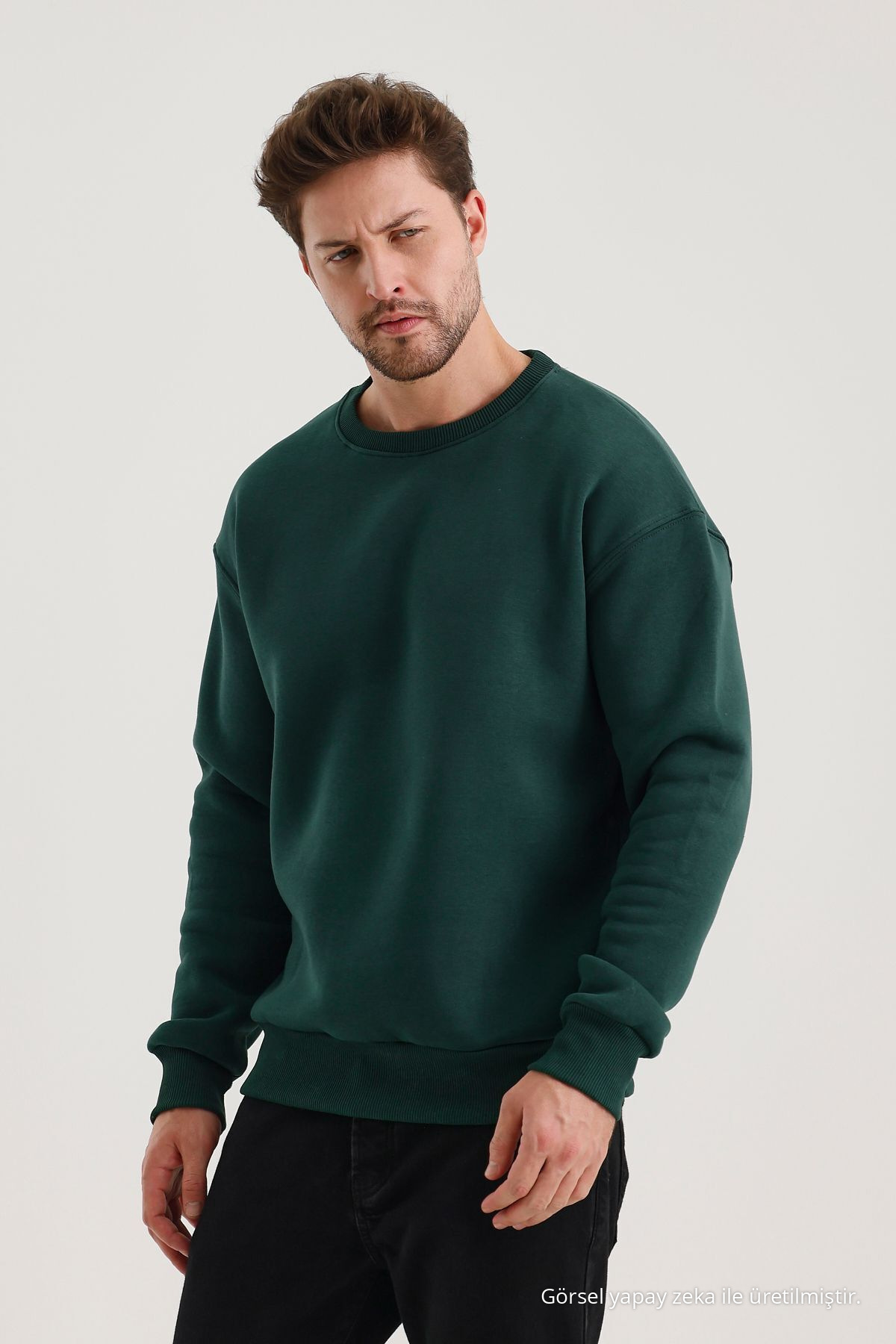 KOYU YEŞİL Bisiklet Yaka Oversize Şardonlu Basic Erkek Sweatshirt 4