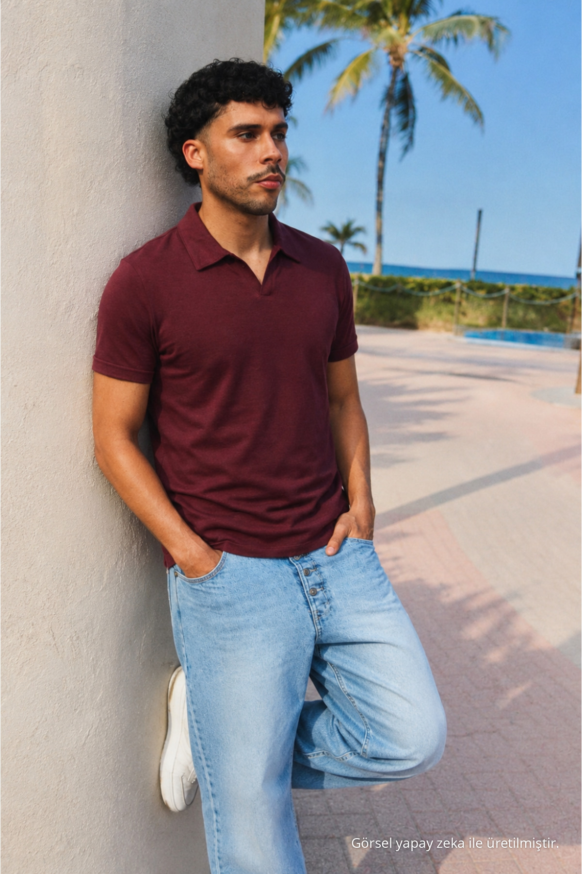 Erkek Trend Polo Yaka Günlük Bordo Tişört 3