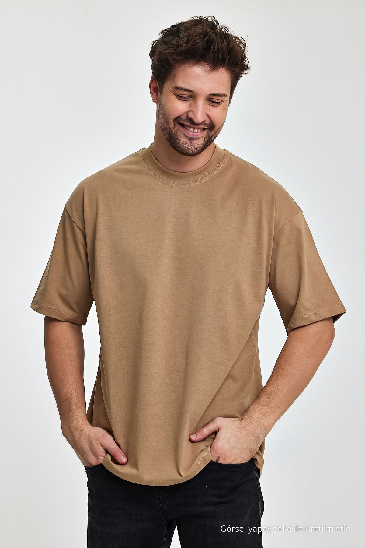 Erkek Oversize Fit Kalın Kumaş Dokulu Bisiklet Yaka T-shirt KARAMEL 5