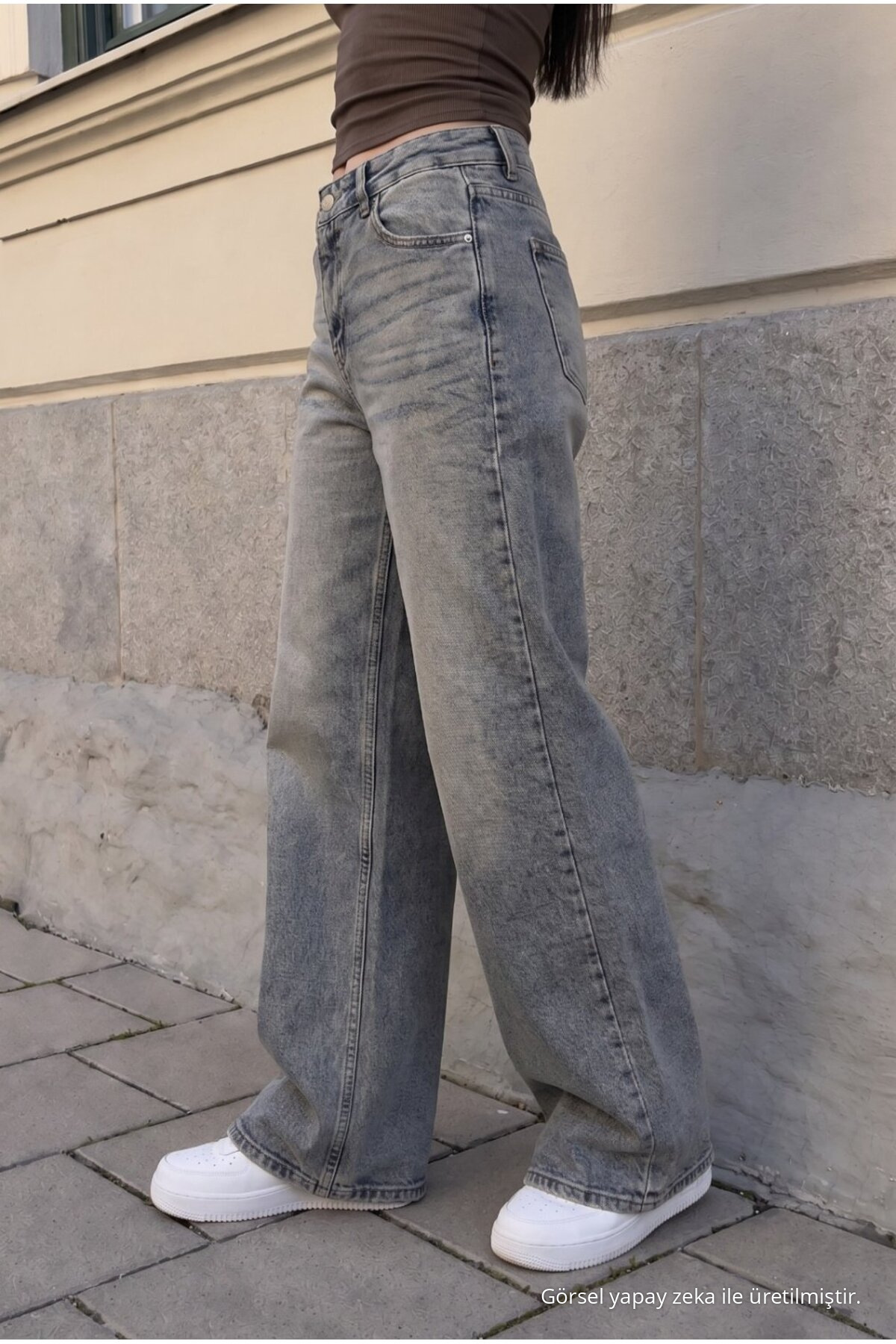 Kadın Bol Paça Jean Pantolon High Waist Gök Mavi 3