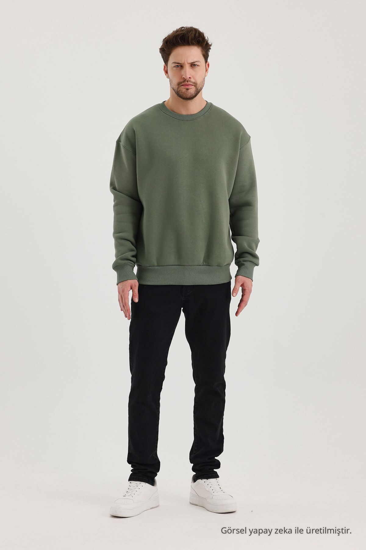HAKİ Bisiklet Yaka Oversize Şardonlu Basic Erkek Sweatshirt 7
