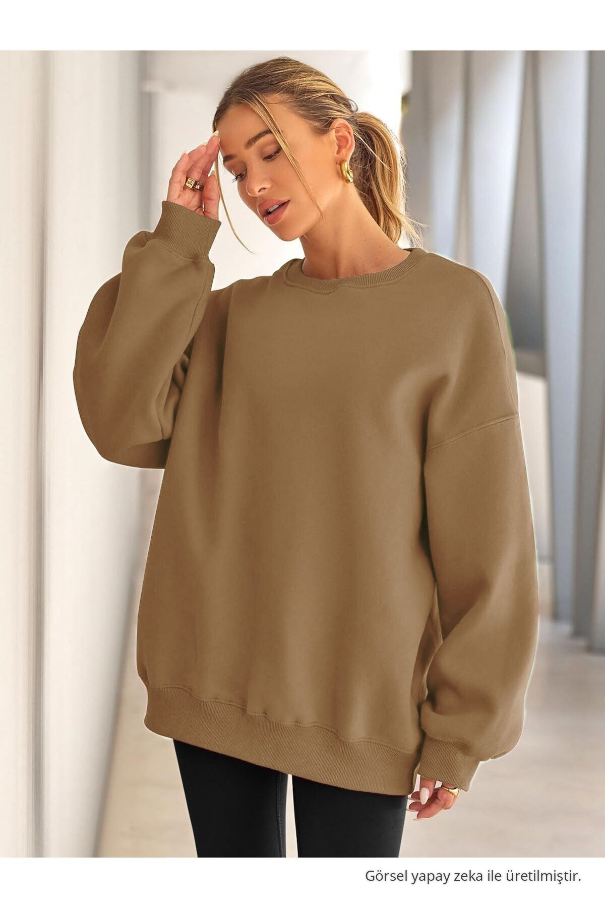 Kadın Bisiklet Yaka Basic Oversize Sweatshirt VİZON 5