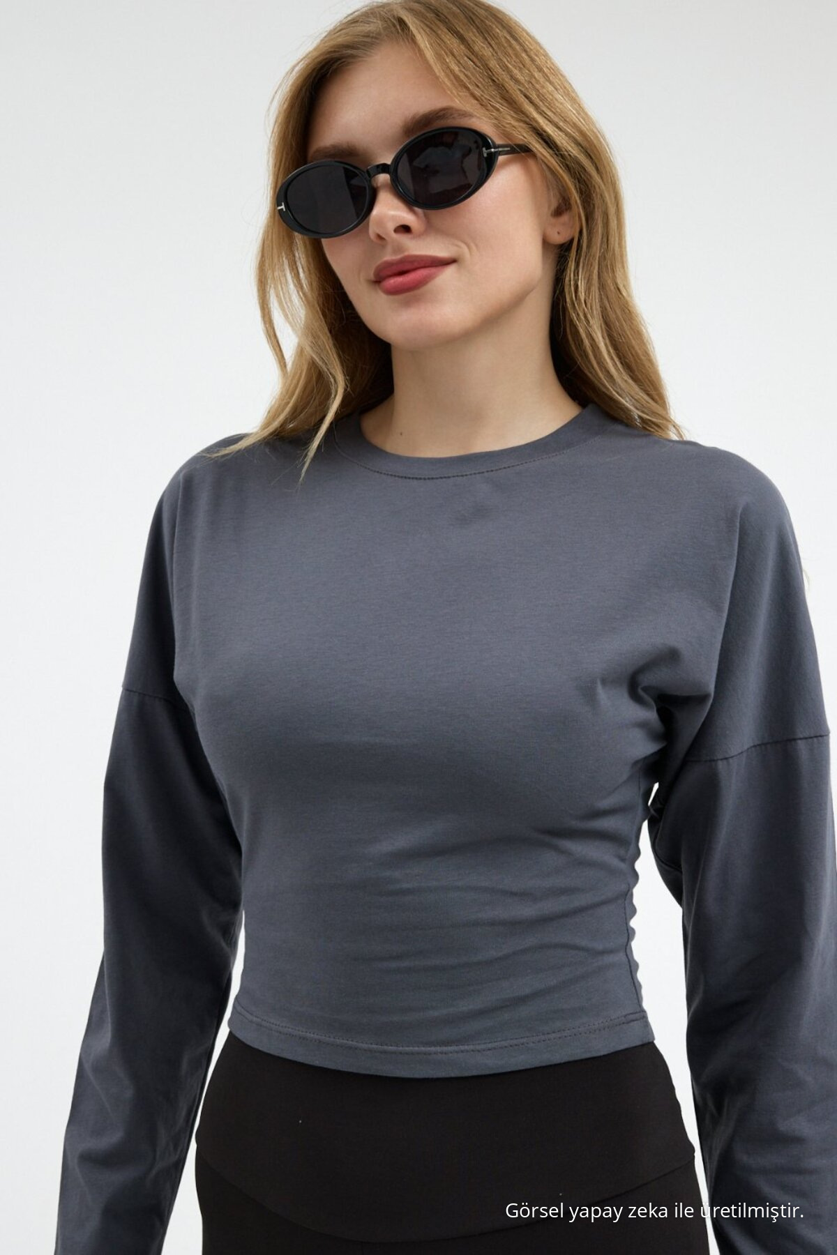 Kadın Uzun Kol Bele Oturan Füme Crop Bluz 5