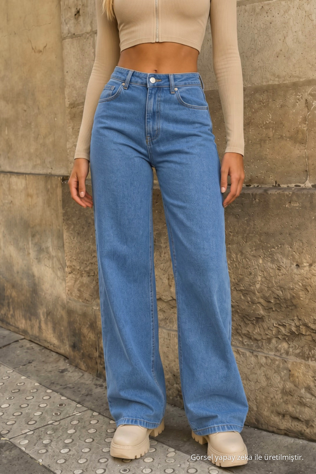 Mavi Yüksek Bel Wide Leg Bol Paça Palazzo Kot Pantolon 8