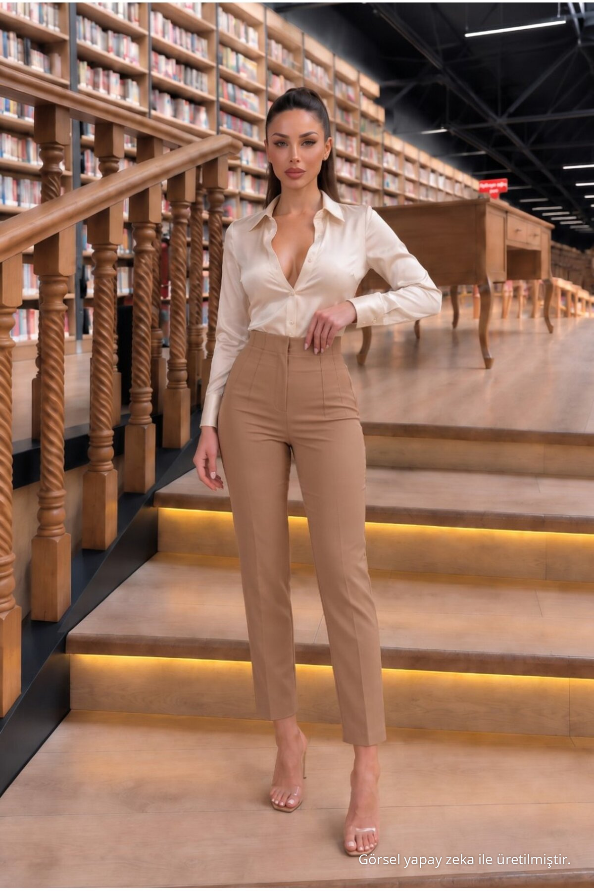 Yüksek Bel Pileli Slim Fit Ofis Pantolonu Vizon 5
