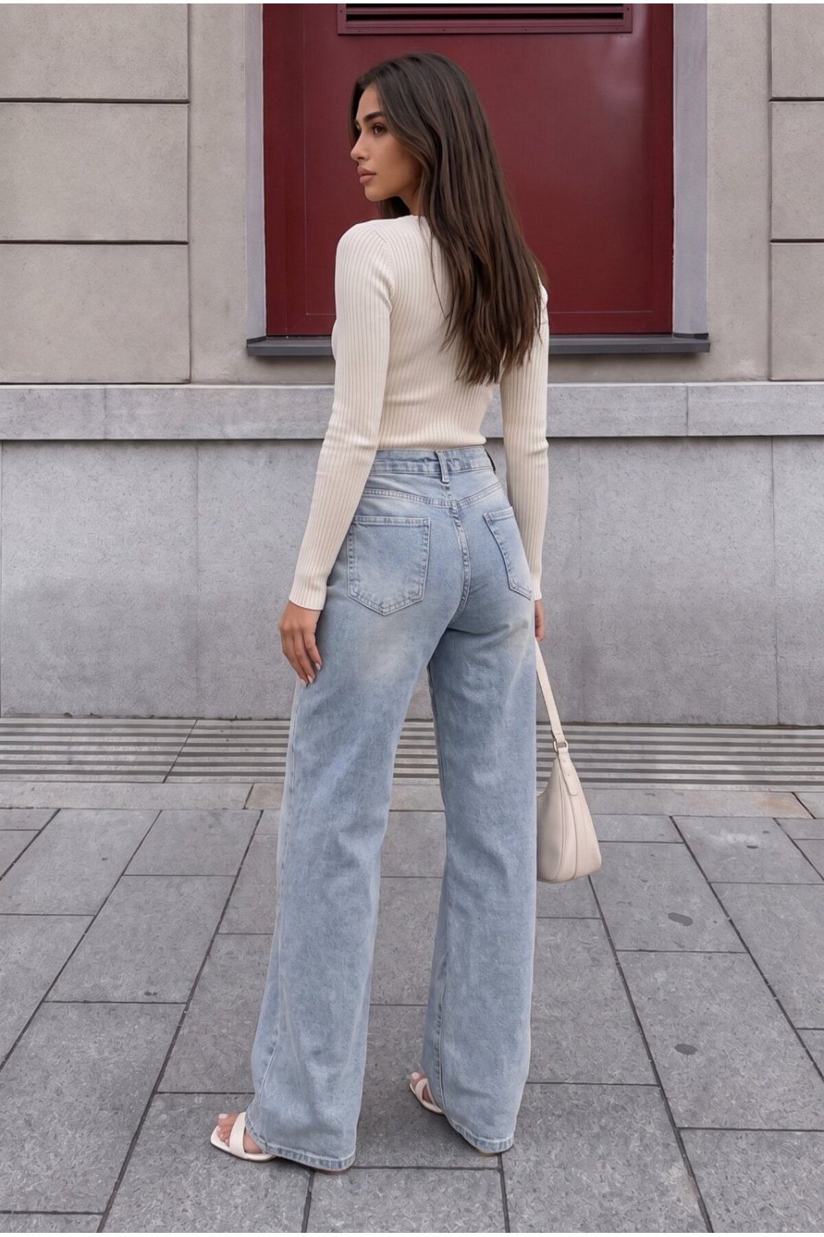 Açık Mavi Efektli Yüksek Bel Esnek Wide Leg Jeans 6