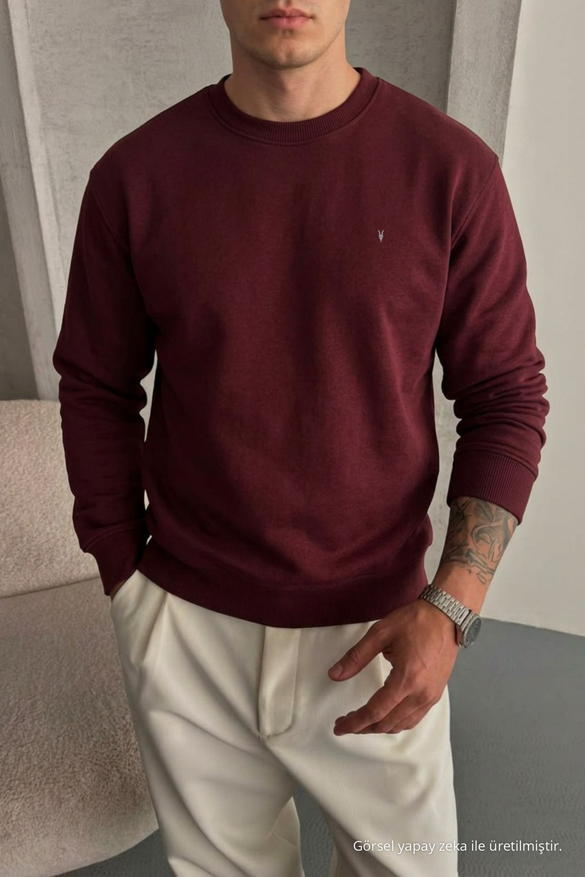 Erkek Loose Dokulu Flare Bordo Sweatshirt 3