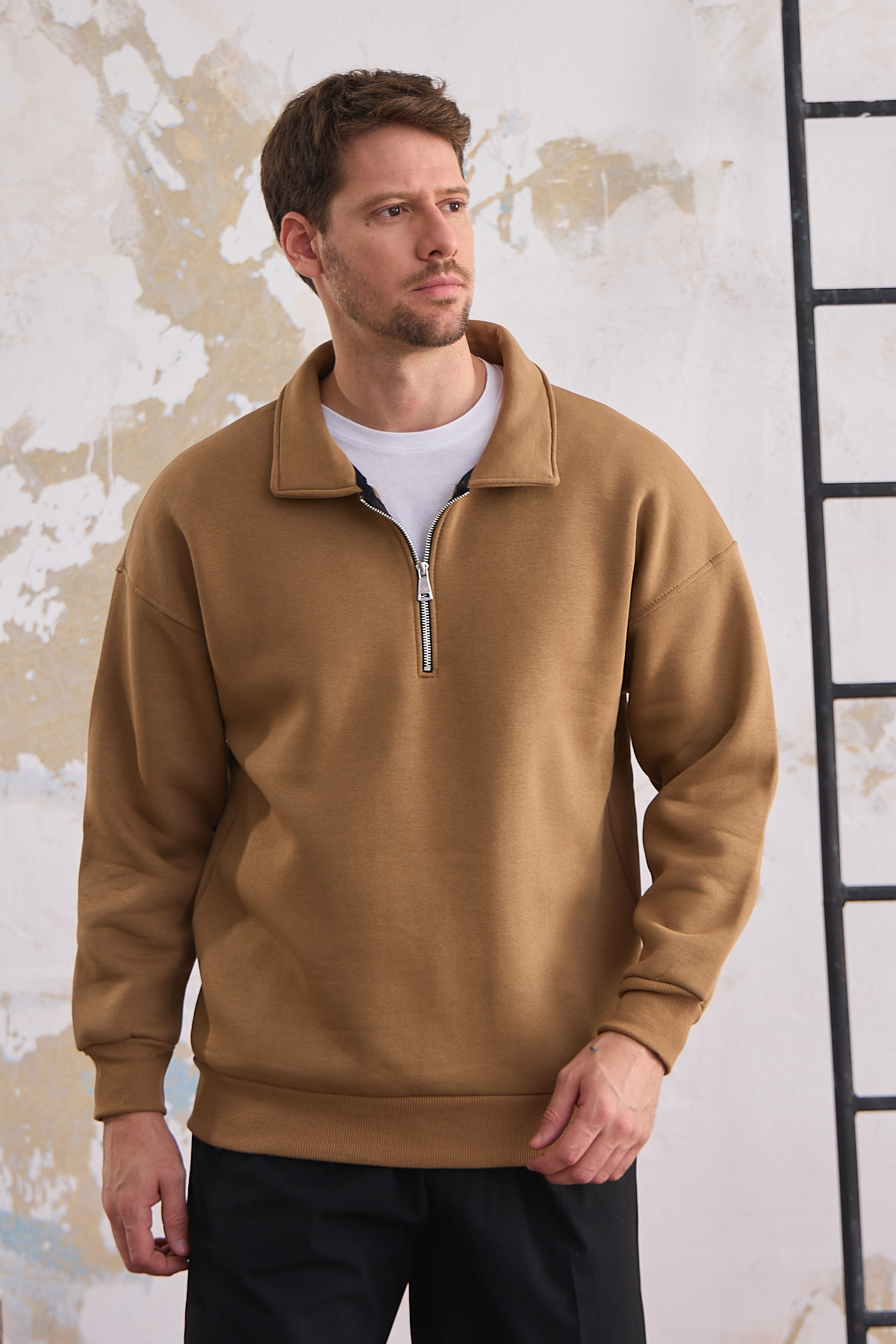 Erkek Yarım Fermuar Rahat Sweatshirt KARAMEL 6