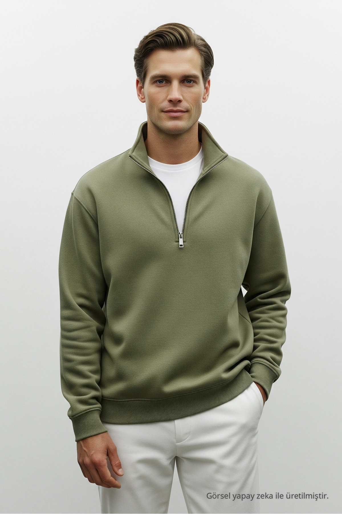 Erkek Kışlık Yarım Fermuarlı 3 Lü Sweatshirt BEYAZ 4