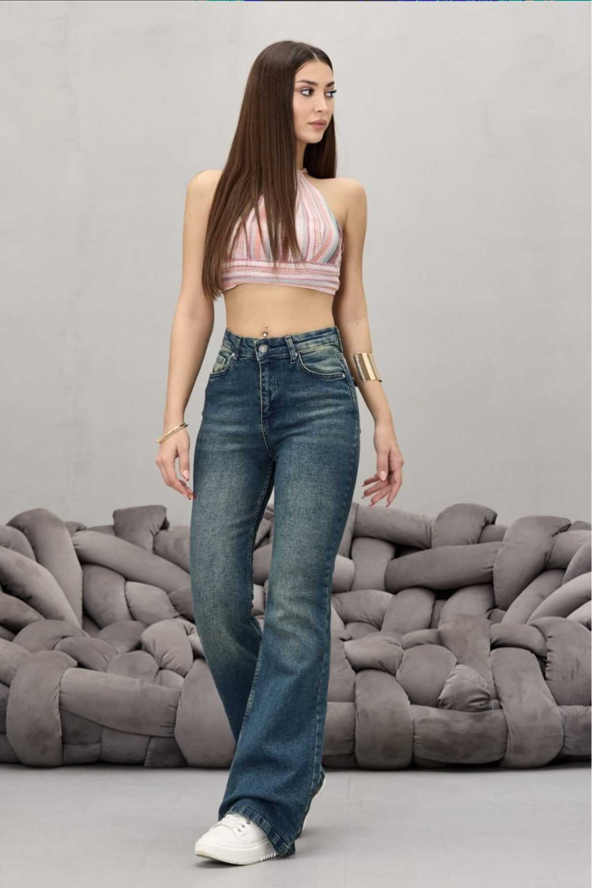 Kadın Yüksek Bel Esnek Ispanyol Paça Jeans koyu mavi 5