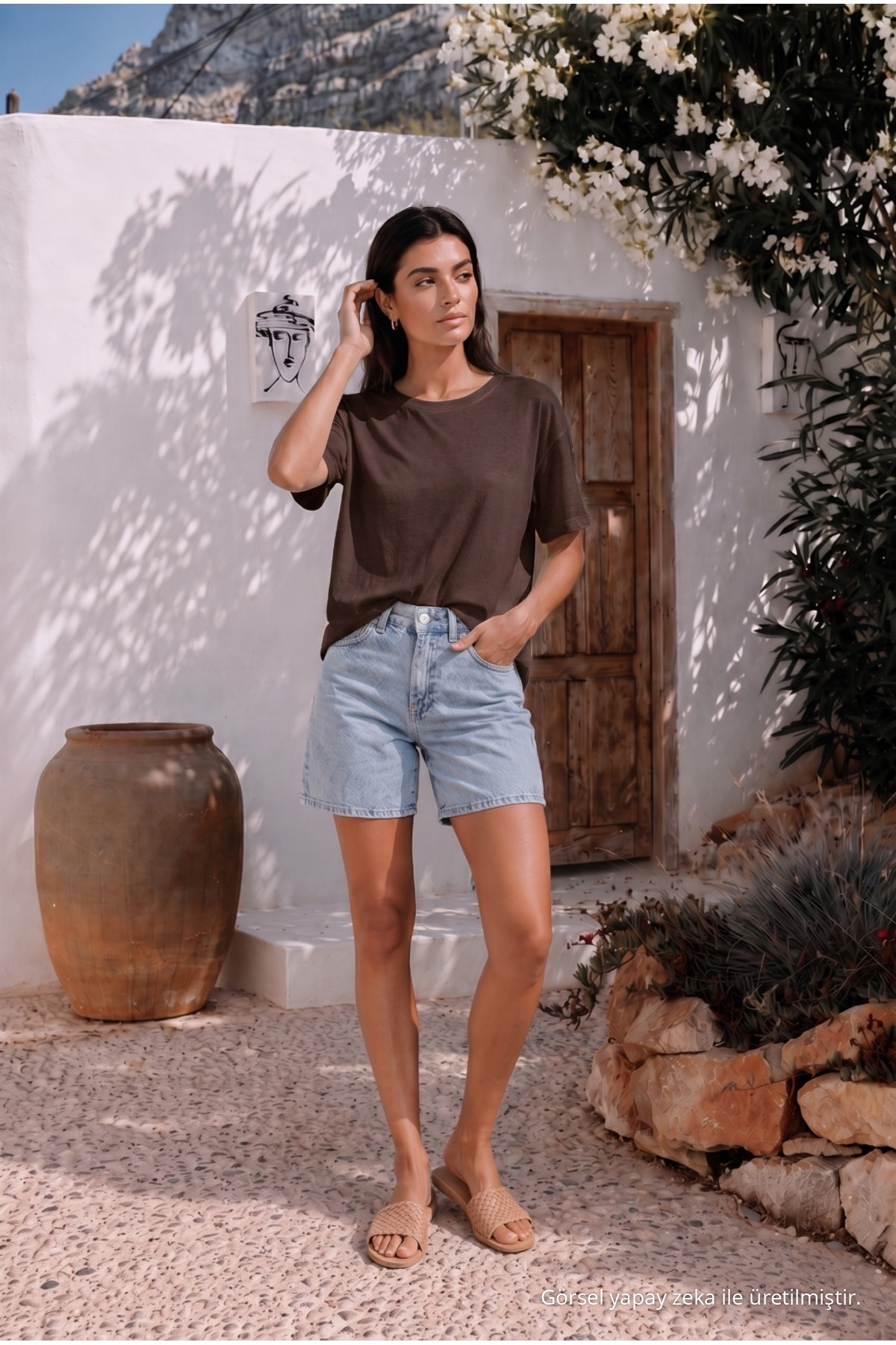 Kadın Yuvarlak Yaka Relaxed Fit Kısa Kol Basic T-Shirt kahverengi 5