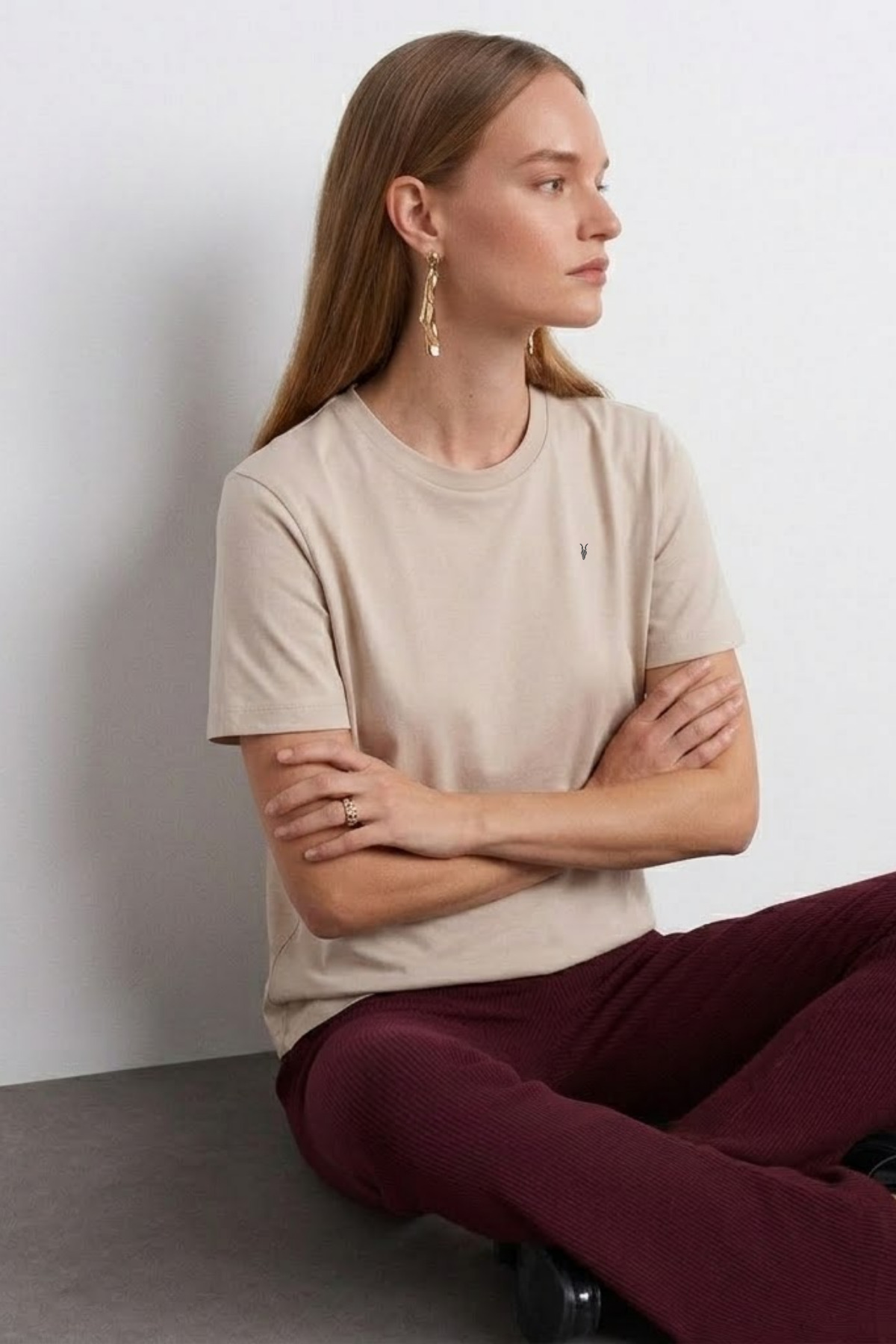 Kadın Comfort Fit Basic Bej Bol Tişört 4