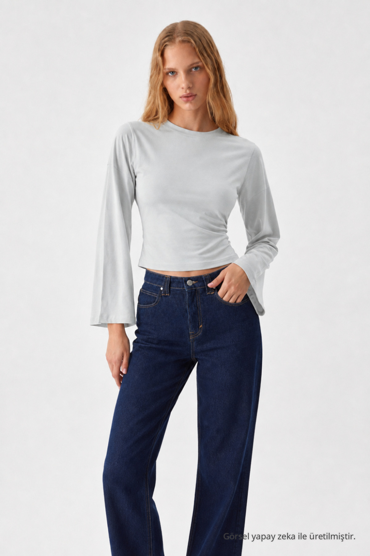 Kadın Uzun Yarasa Kollu 3 Lü Crop Bluz Gri 7