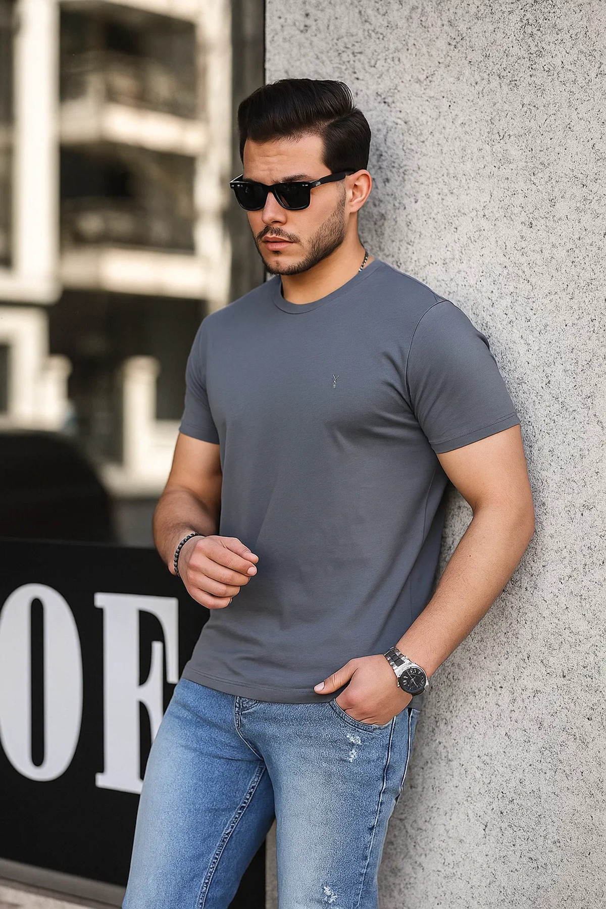Erkek %100 Pamuk Nefes Alan Bisiklet Yaka Standart Fit Normal Kesim T-shirt FÜME 4