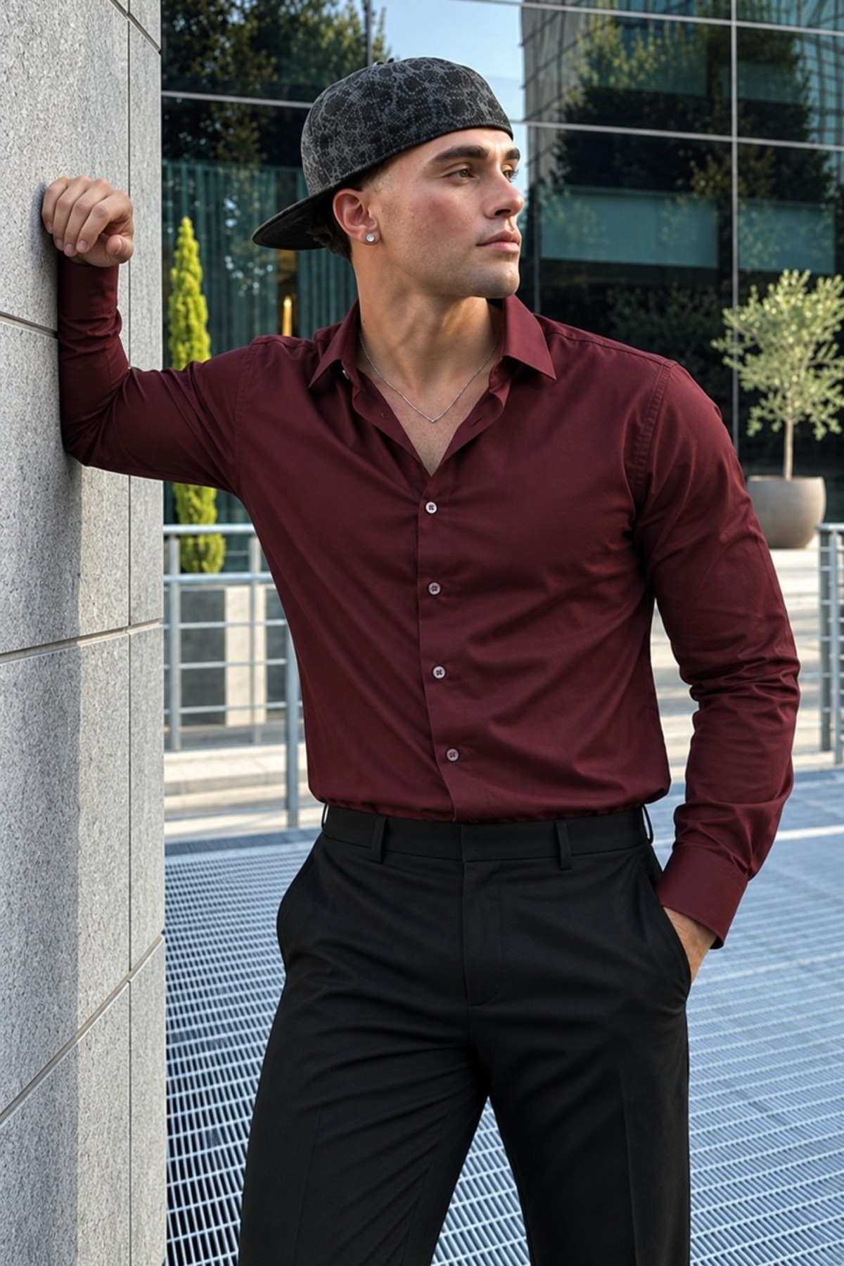 Erkek Slim Fit Uzun Kollu Klasik Bordo Gömlek 3