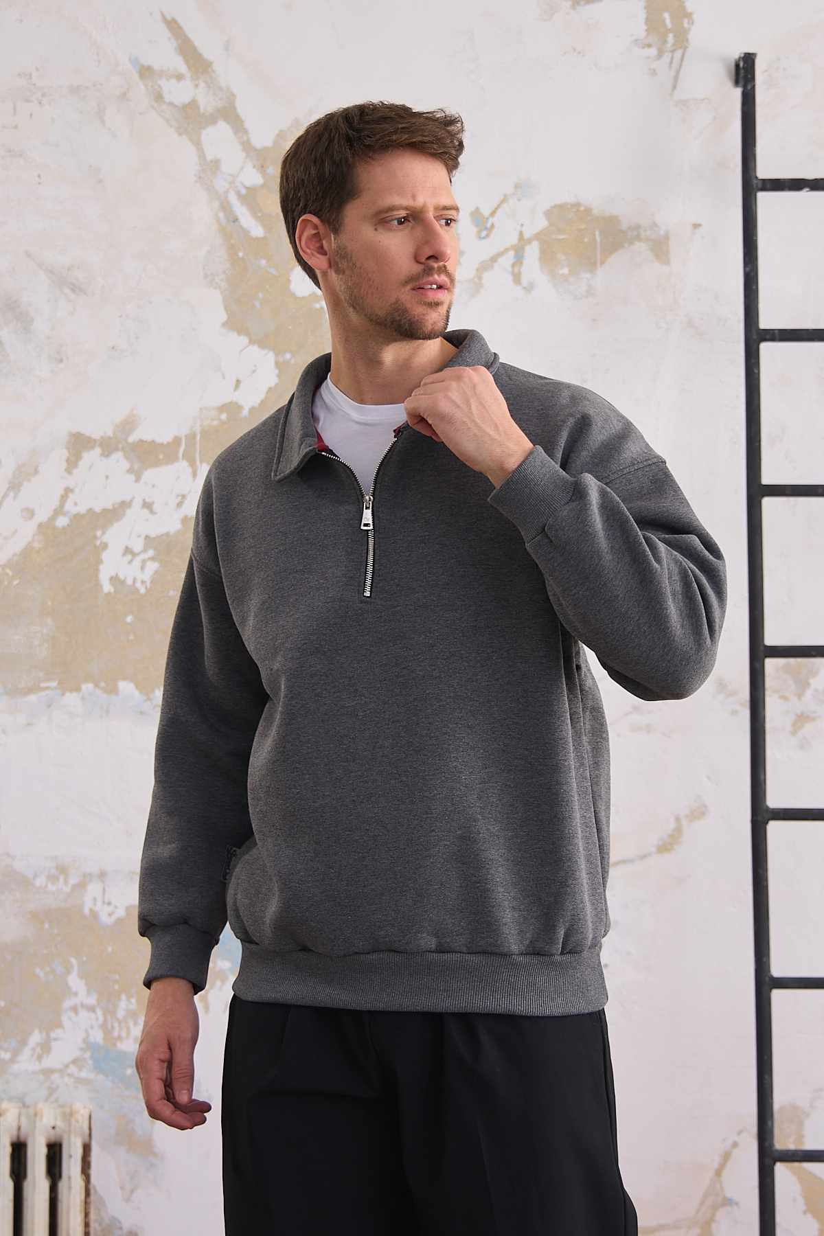 Erkek Yarım Fermuar Rahat Sweatshirt KIRÇILLI FÜME 6