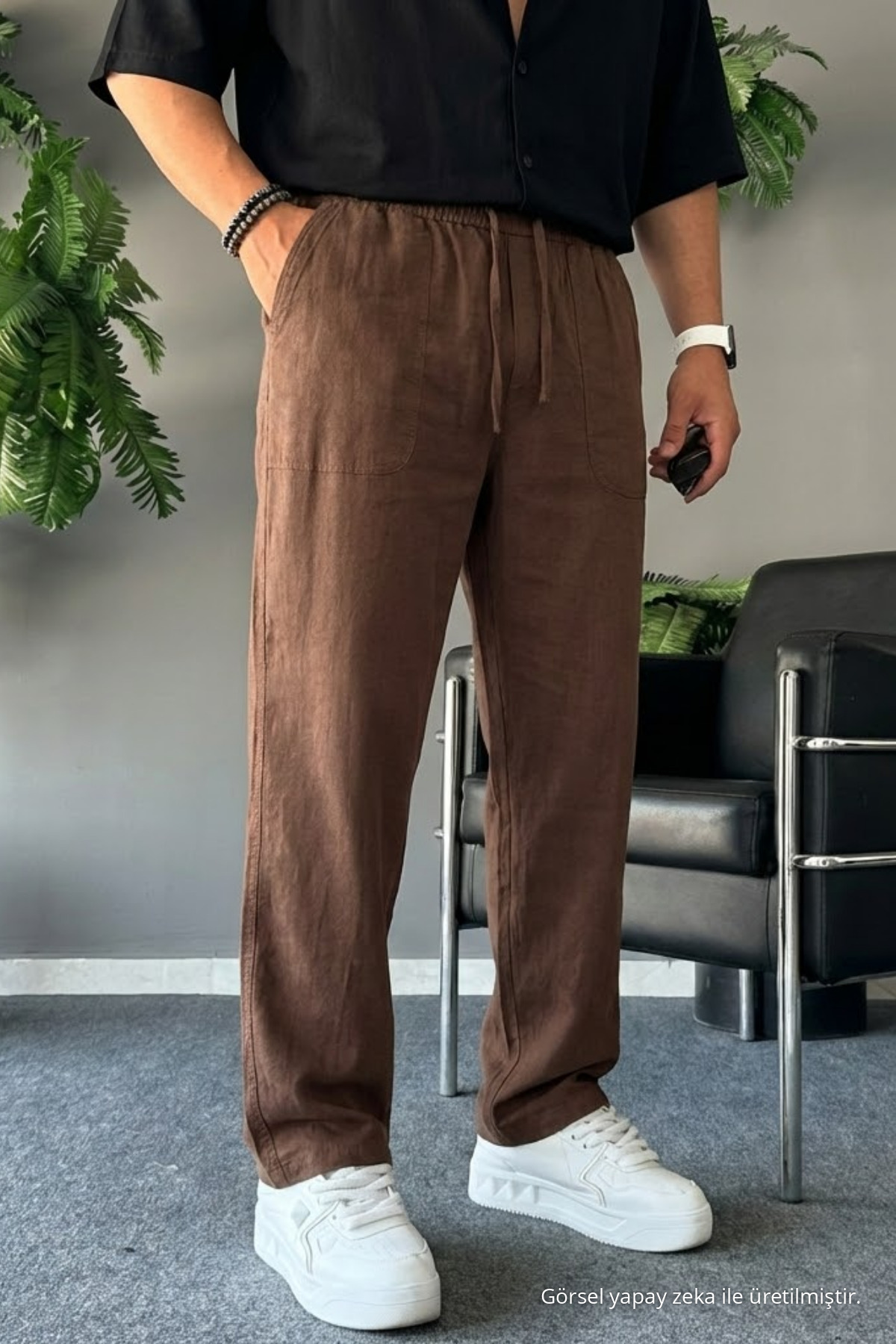 Erkek Beli Lastikli 3 Lü Keten Pantolon Siyah 4