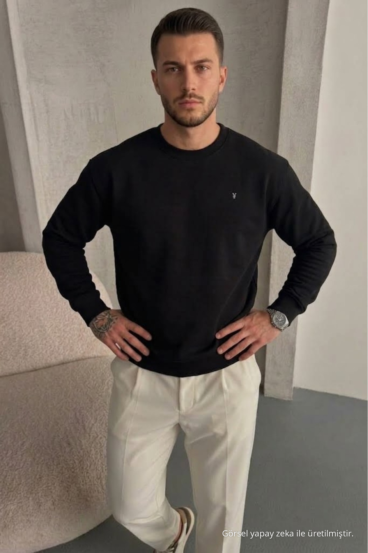 Erkek Loose Dokulu Flare SİYAH Sweatshirt 4