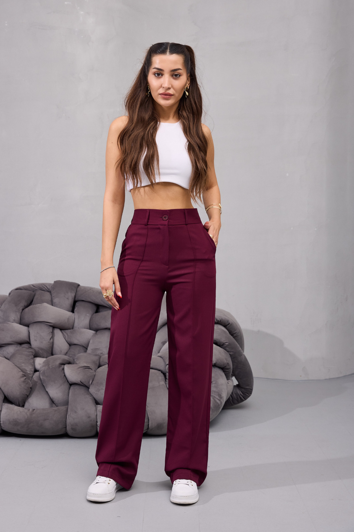Kadın Yüksek Bel Likralı Geniş Paça Çımalı Rahat Kesim Pantolon BORDO 5