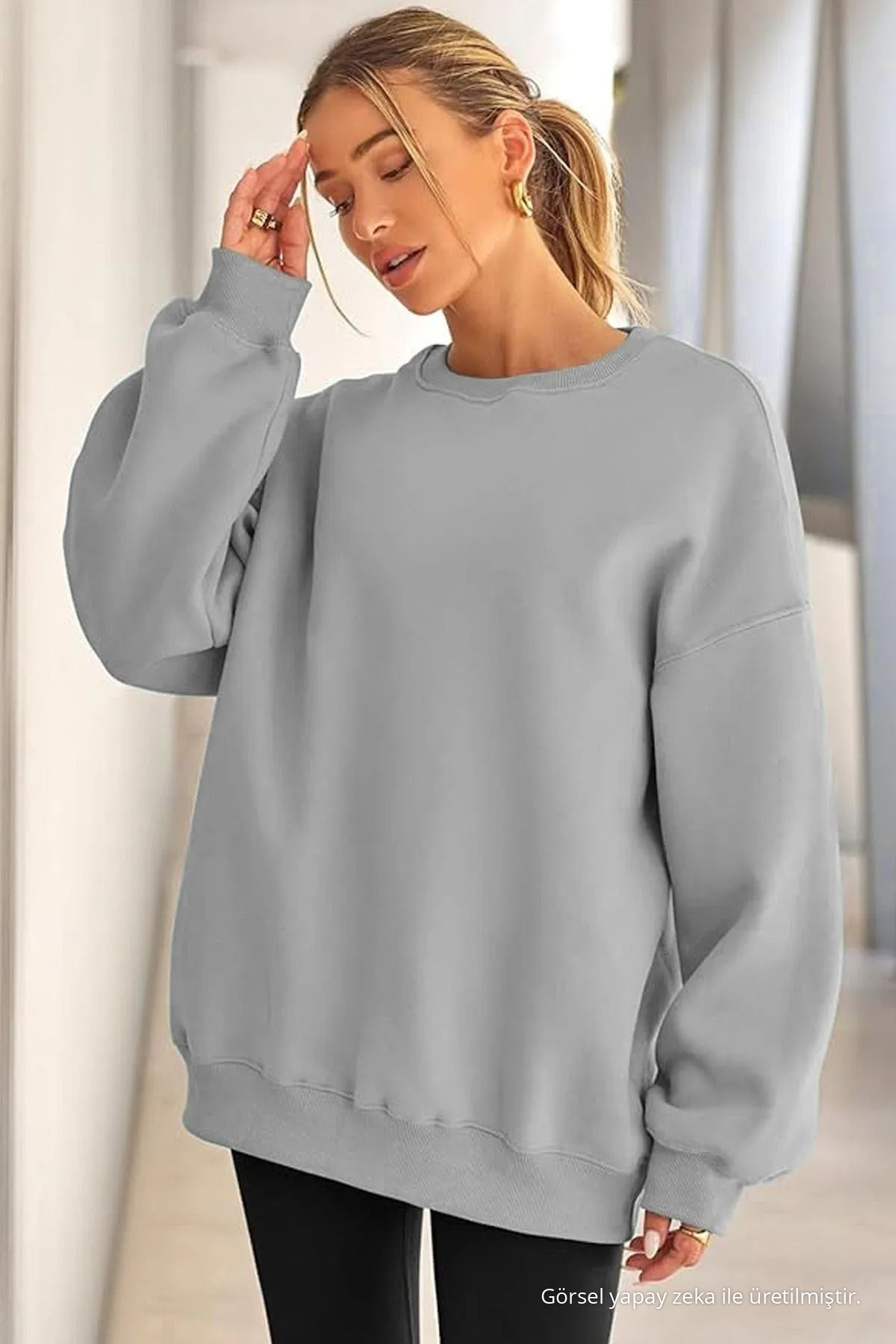 Kadın Bisiklet Yaka Basic Oversize Sweatshirt GRİ 3