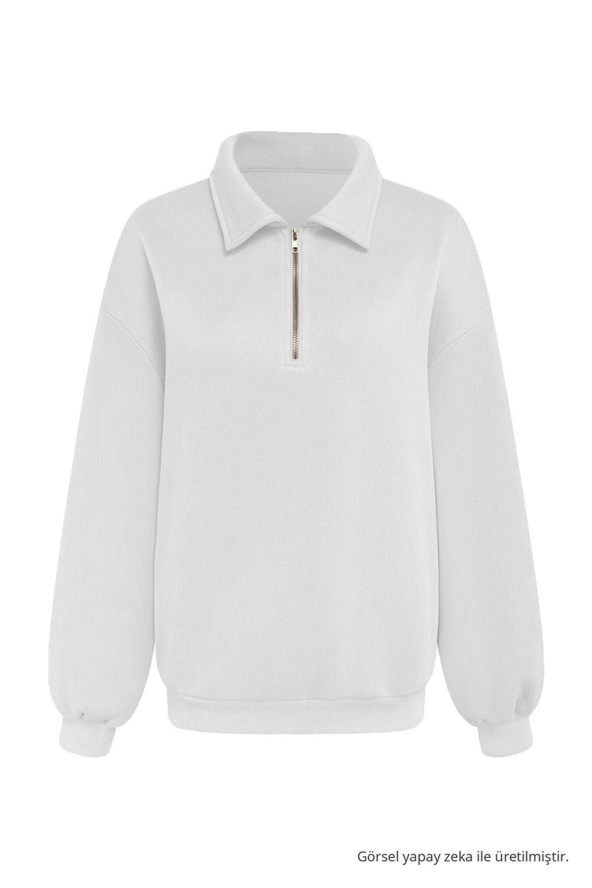 Erkek Yarım Fermuar Regular Fit Sweatshirt Beyaz 6