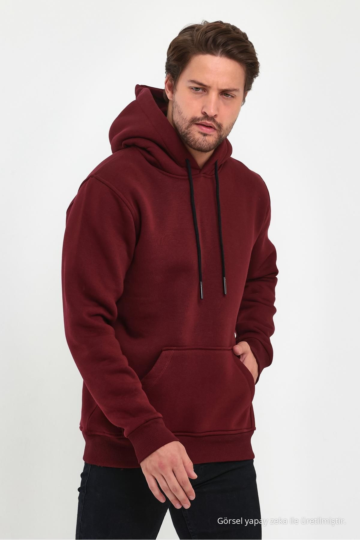 Erkek Bordo Standart Fit Normal Kesim İçi Polarlı Kapüşonlu Kanguru Cepli Pamuklu Sweatshirt 4