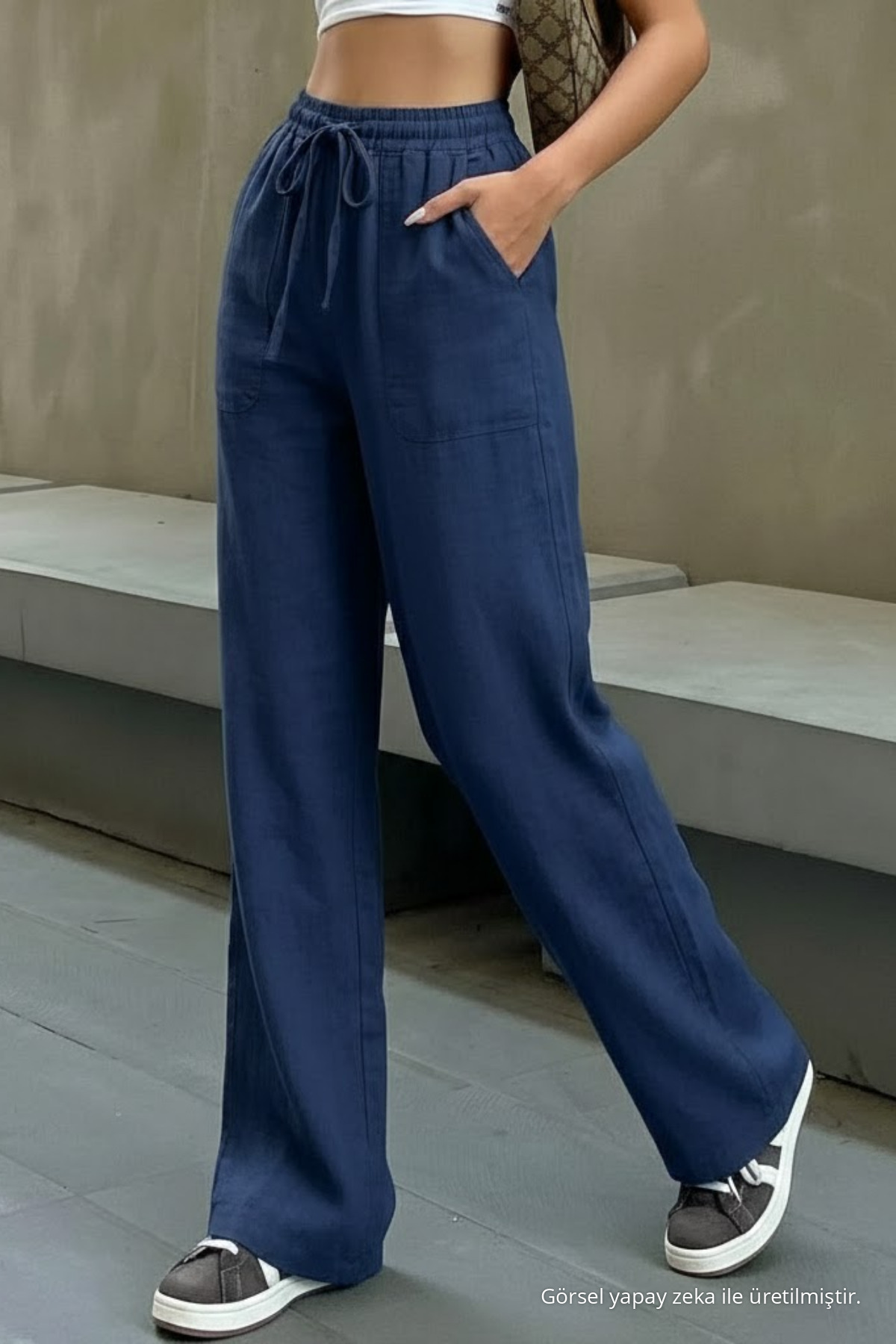 Kadın Beli Lastikli Lacivert Keten Pantolon 4