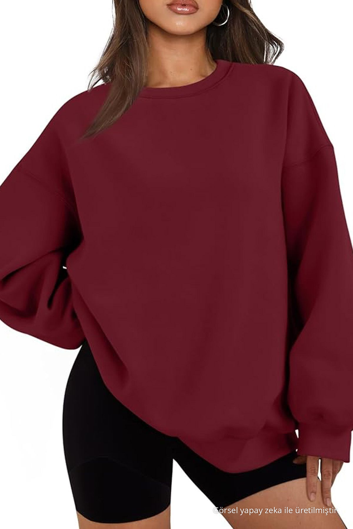 Kadın Bisiklet Yaka Basic Oversize Sweatshirt BORDO 4