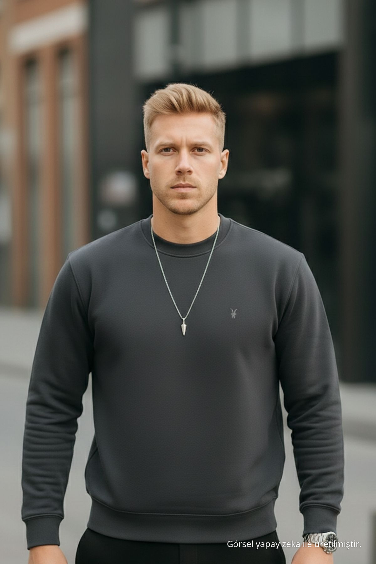 Füme Renk Basic Bisiklet Yaka Relaxed Regular Erkek Sweatshirt 4