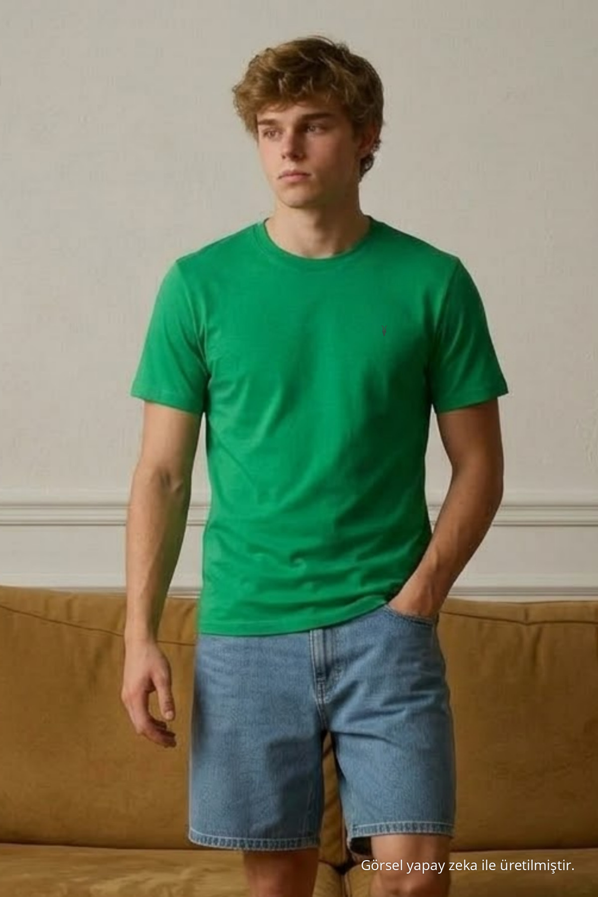 Erkek Kısa Kol Rahat Pamuklu Yeşil Tişört 4