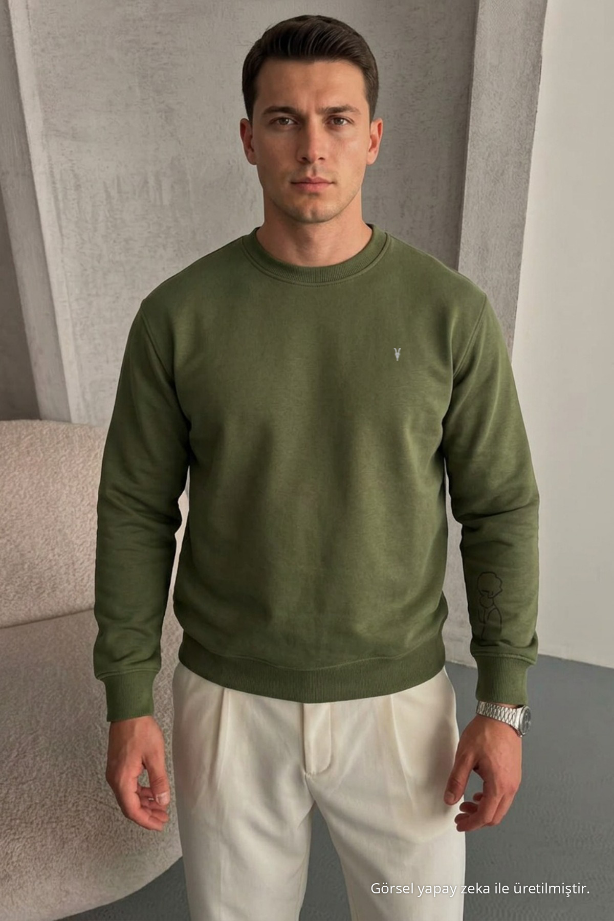 Erkek Loose Dokulu Flare HAKİ Sweatshirt 3