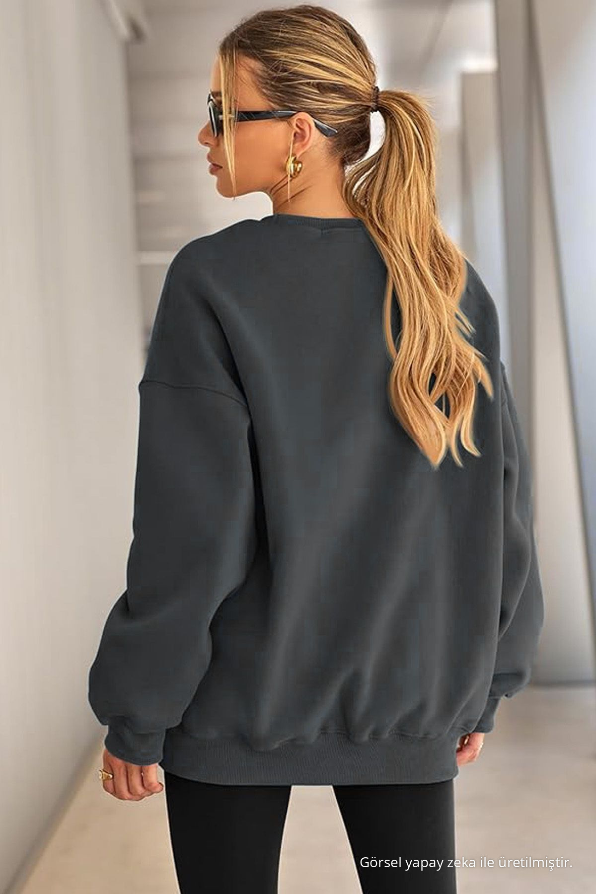 Kadın Bisiklet Yaka Basic Oversize Sweatshirt FÜME 3