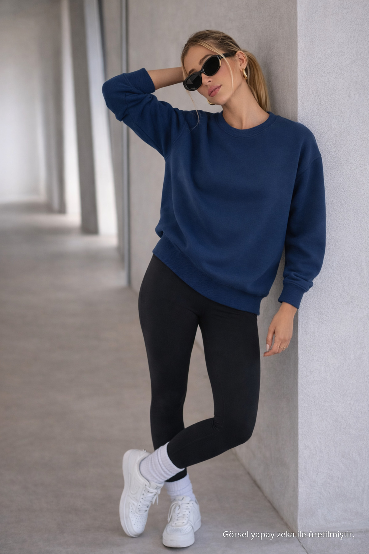 Kadın Bisiklet Yaka Basic Oversize Sweatshirt LACİVERT 3