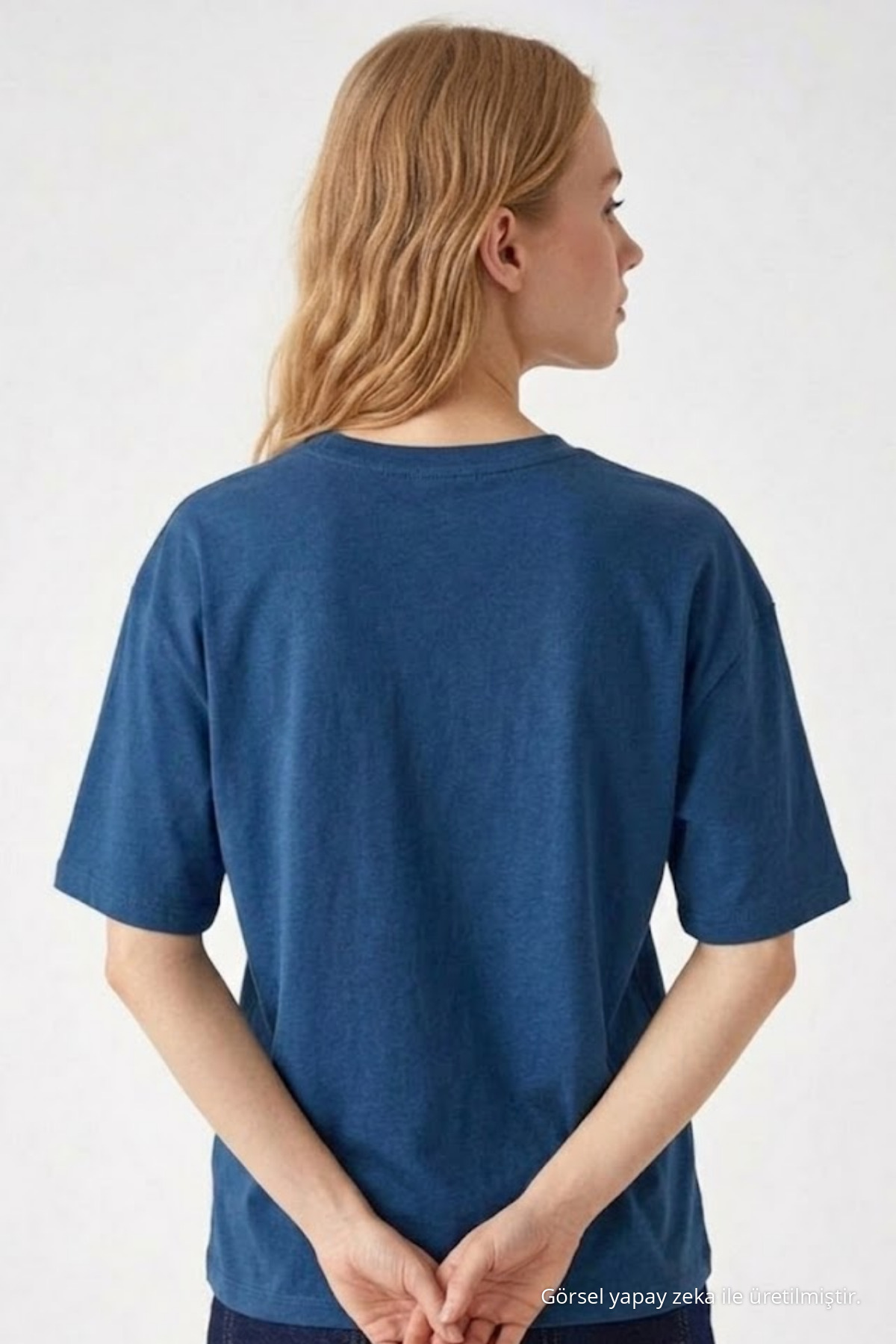 Kadın Bisiklet Yaka Mavi Oversize Tişört 6